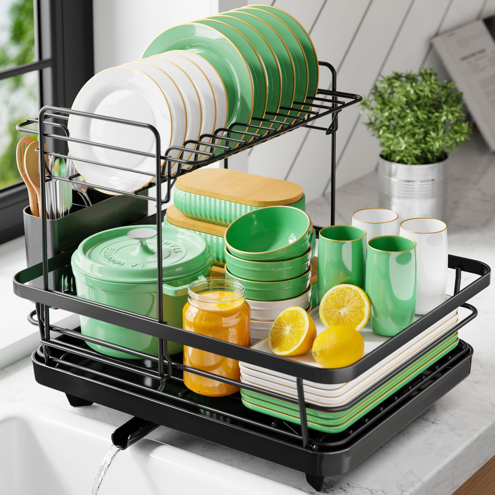 Kitsure Dish Drainer Rack for Kitchen Counter, Stainless Steel Sink Organization and Storage Essentials with Cutlery Holder, Home and Appartment Decor, 39.3cm W x 30.4cm L, 2-Tiers, Black