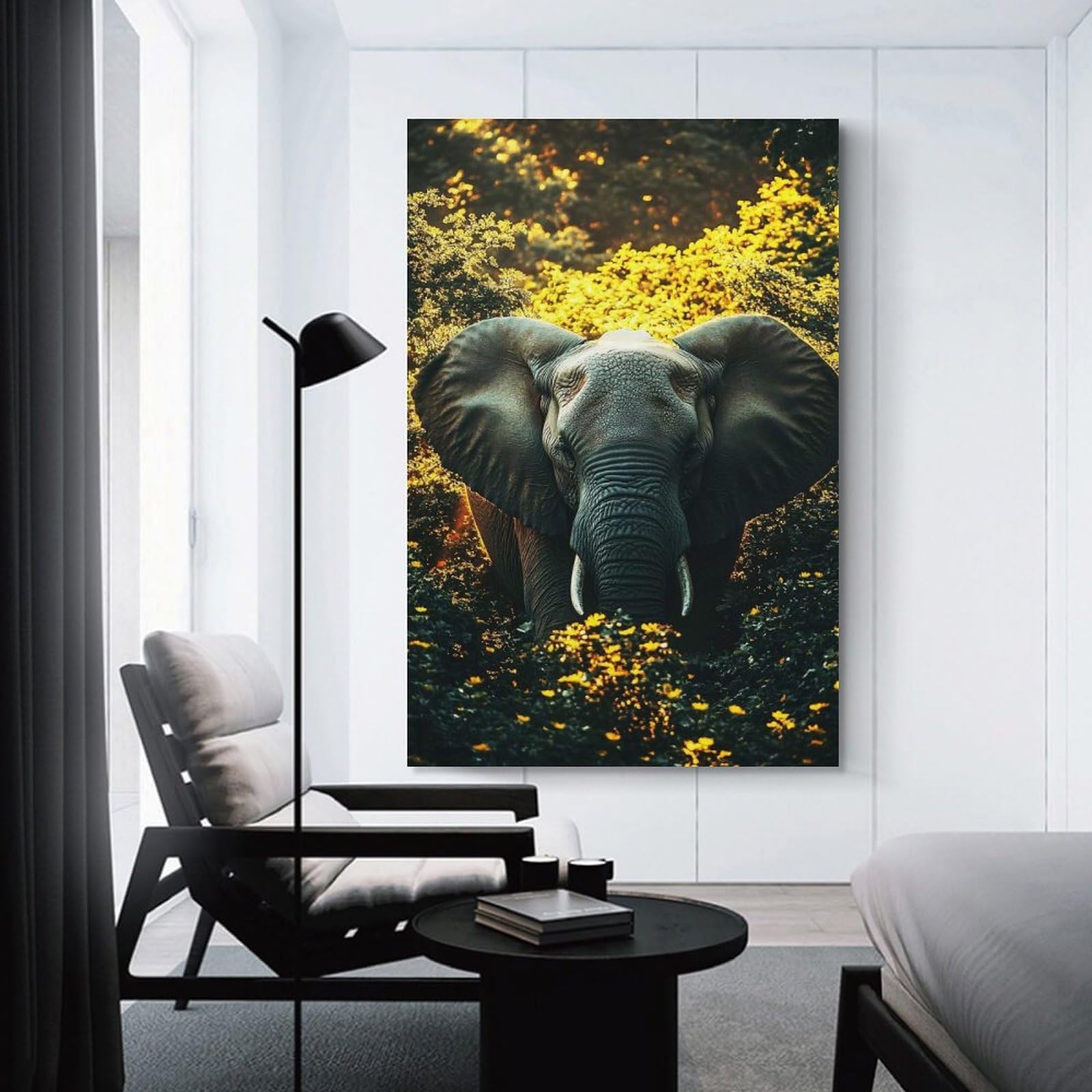 Junmoney Unframe-Style-13 Elephant In Golden Floral Forest Wall Decor Canvas Print, 24X36inch(60X90cm), For Flats, Guest Rooms Or Compact Rooms, A Simple Refresh For Blank Walls