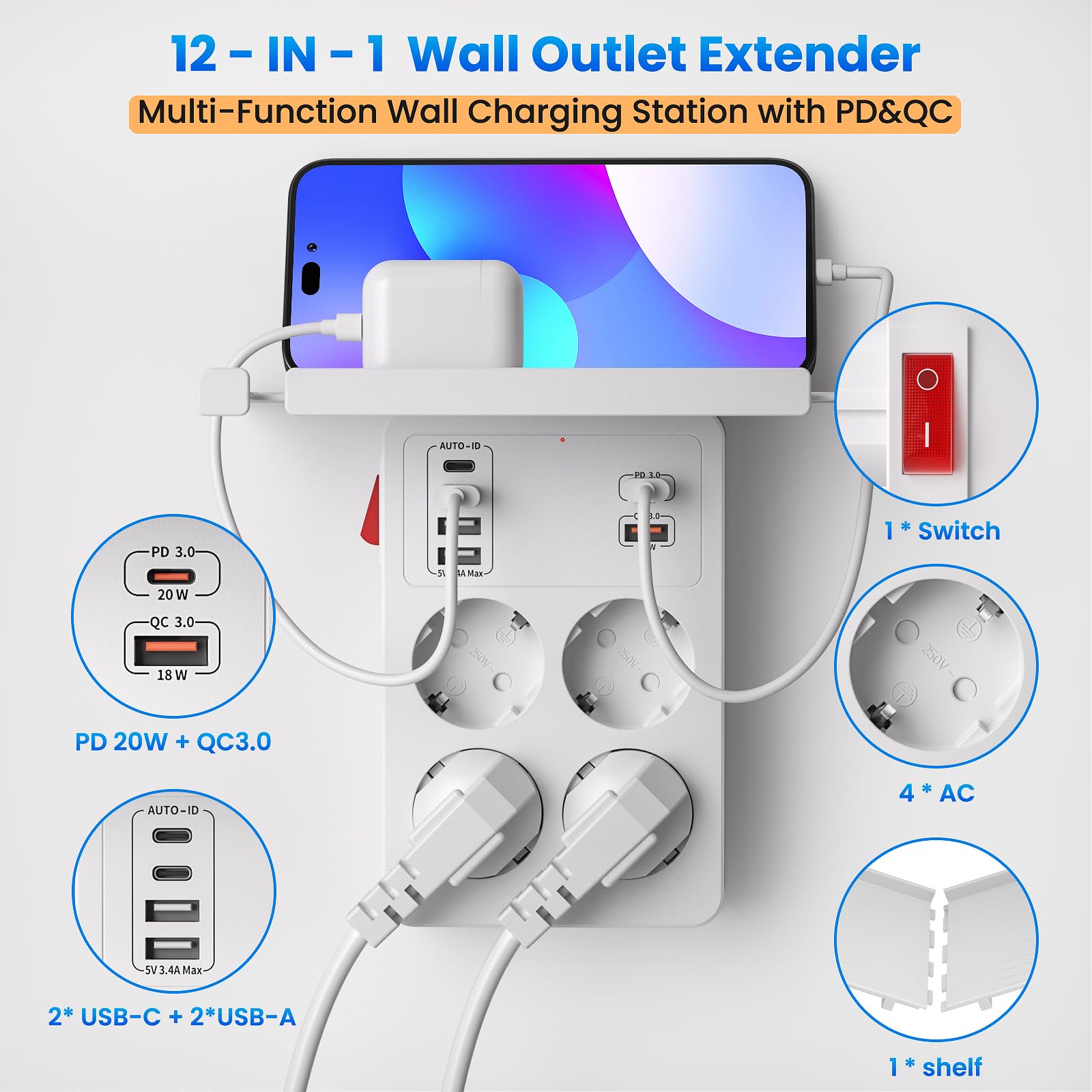 PD20W Presa Multipla Salvaspazio con Interruttore,Ciabatta Elettrica USB,Multipresa Parete con Ricarica Rapida PD3.0 e QC18W,Adattatore Presa 4 Prese Schuko e 6 USB Caricatore,Ruotabile Spina,Bianco