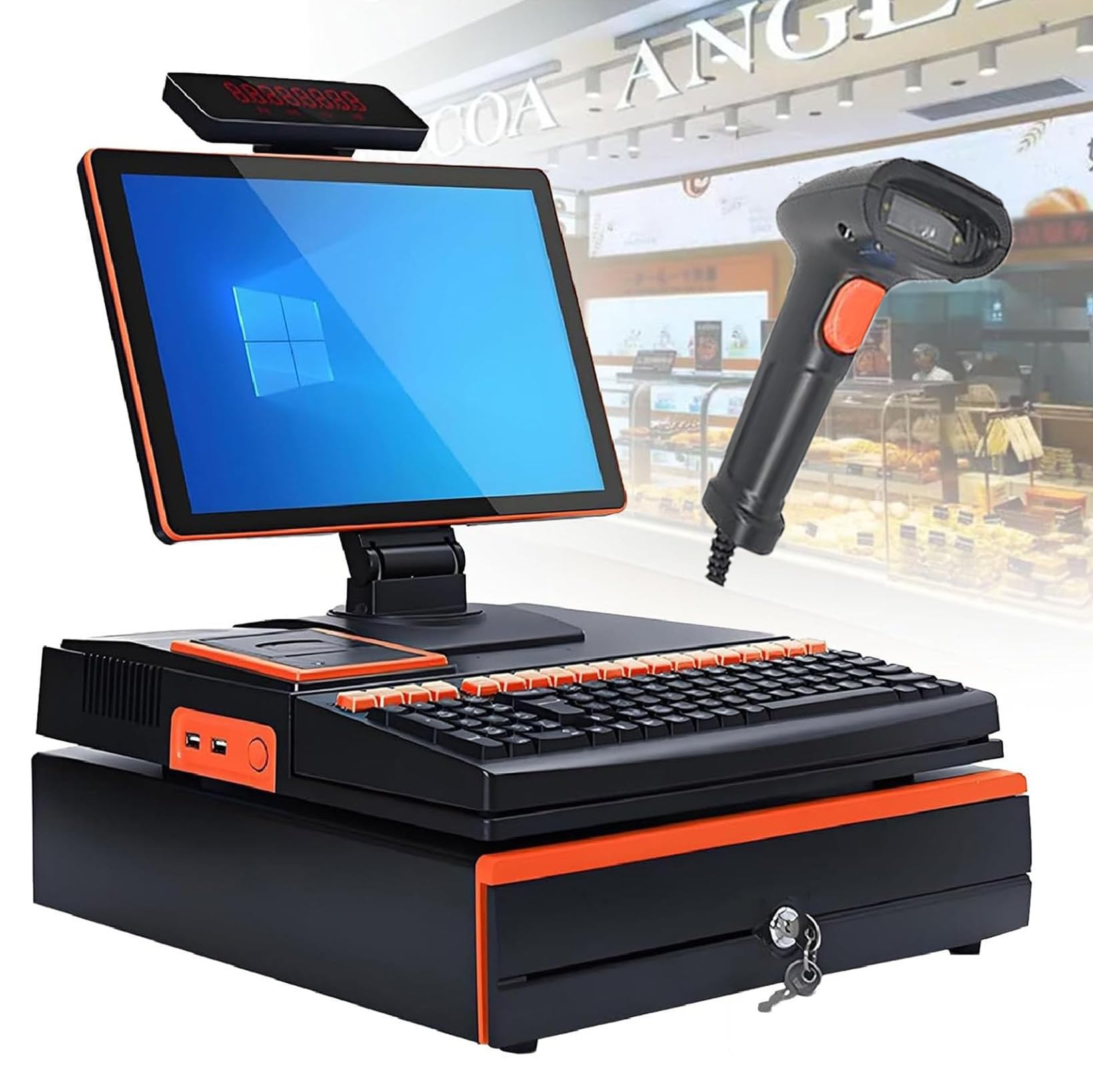 Caisse Enregistreuse Intelligente,Caisse Enregistreuse Tactile Tout, Tout-en-Un Design + 15,6" Écran Tactile LCD,Scanner + Imprimante de reçu,4G+128Go + Connexion Wi-FI Double Orange