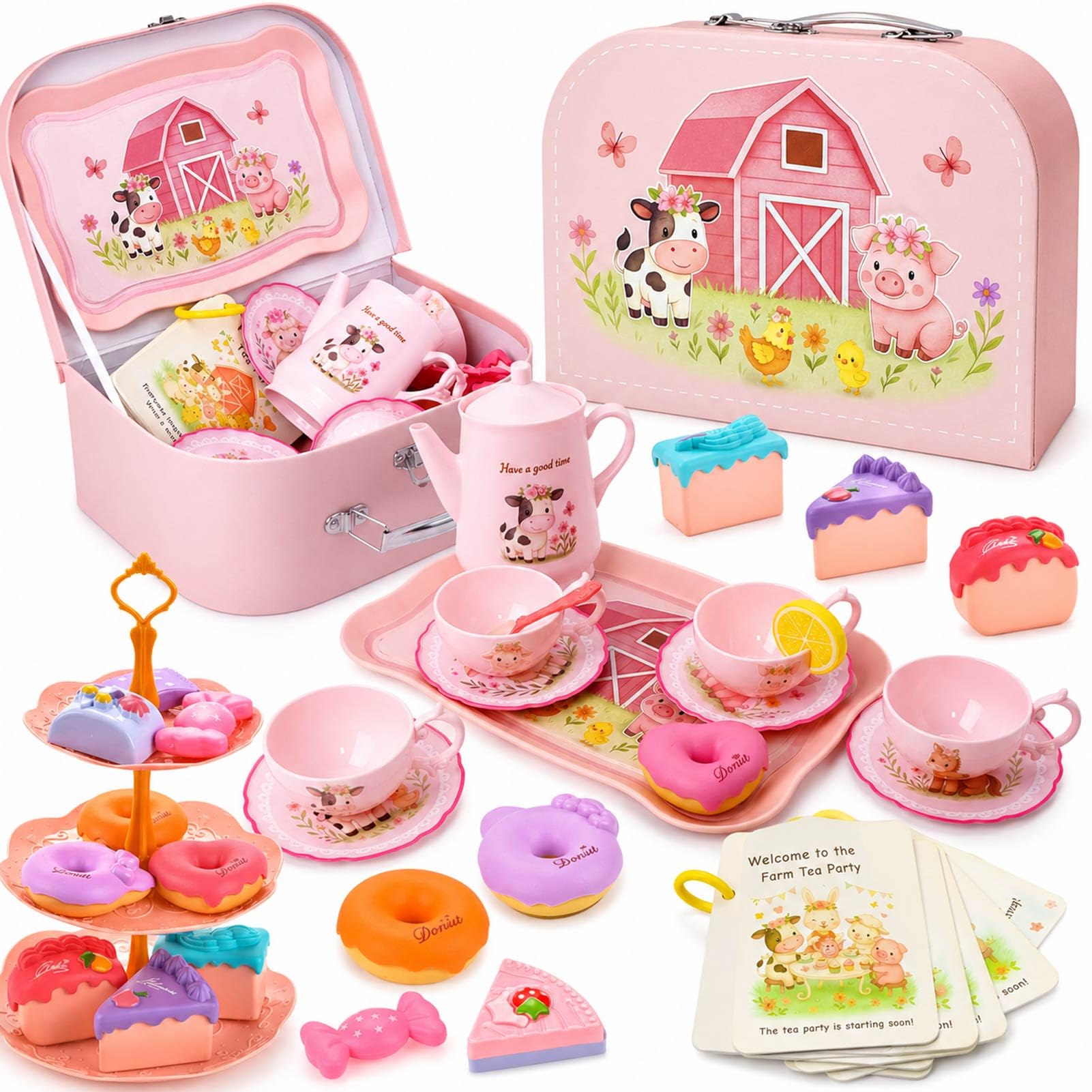 Lajeje Pink Barn Tea Party Set for Little Girls, 47PCS Farm Animal Pretend Play Tea Time Kit, Tea Sets for Toddlers 3-5 with Teapot &amp; Story Cards, Carry Case Girls Birthday Gift, Easter Basket Stuffer
