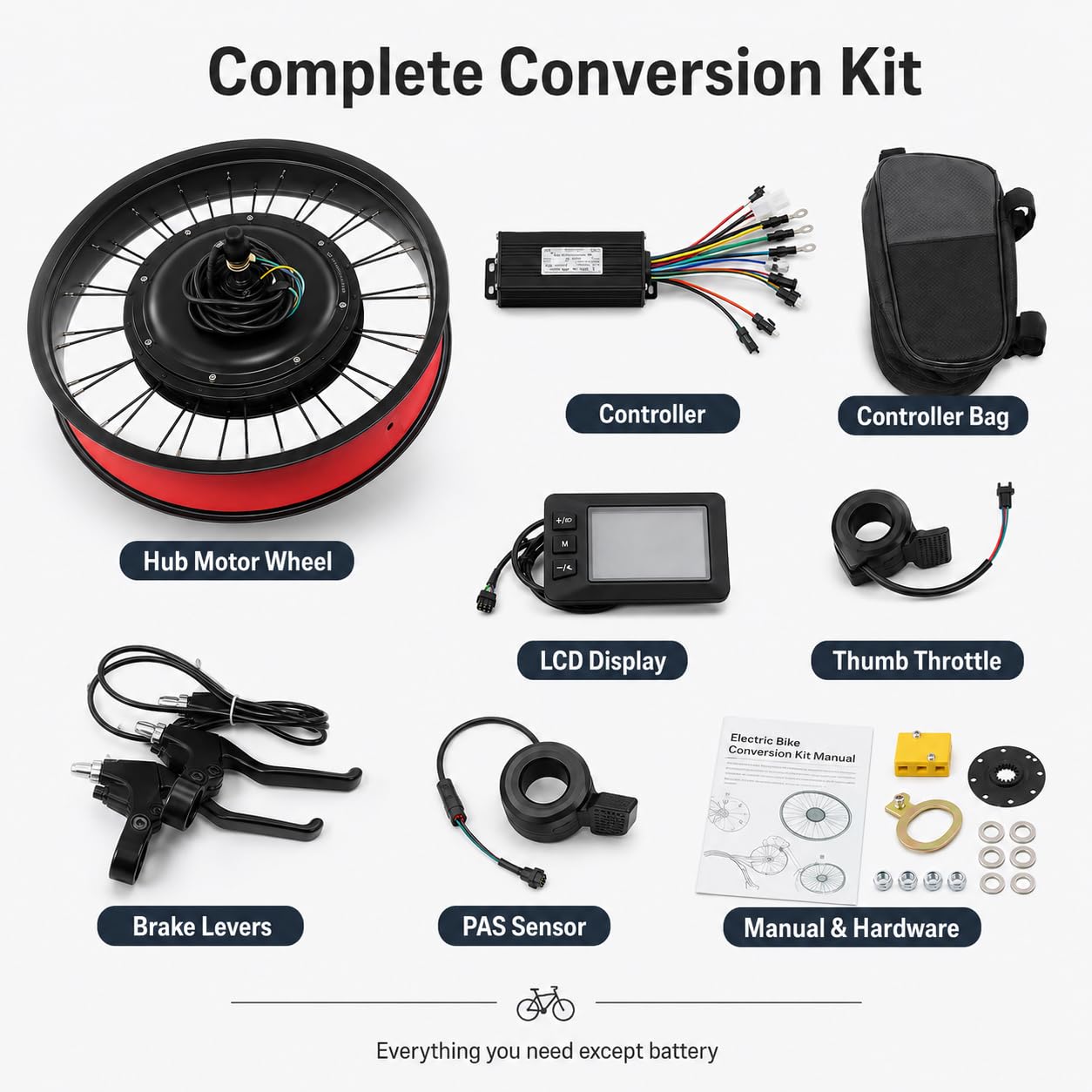 Kit Conversion Vélo Électrique 20 Pouces 48V 1000W, Moteur Roue Arrière sans Balais, Kit E Bike avec Écran LCD, Contrôleur 30A, Capteur PAS, Accélérateur au Pouce, Frein à Disque, Sans Batterie