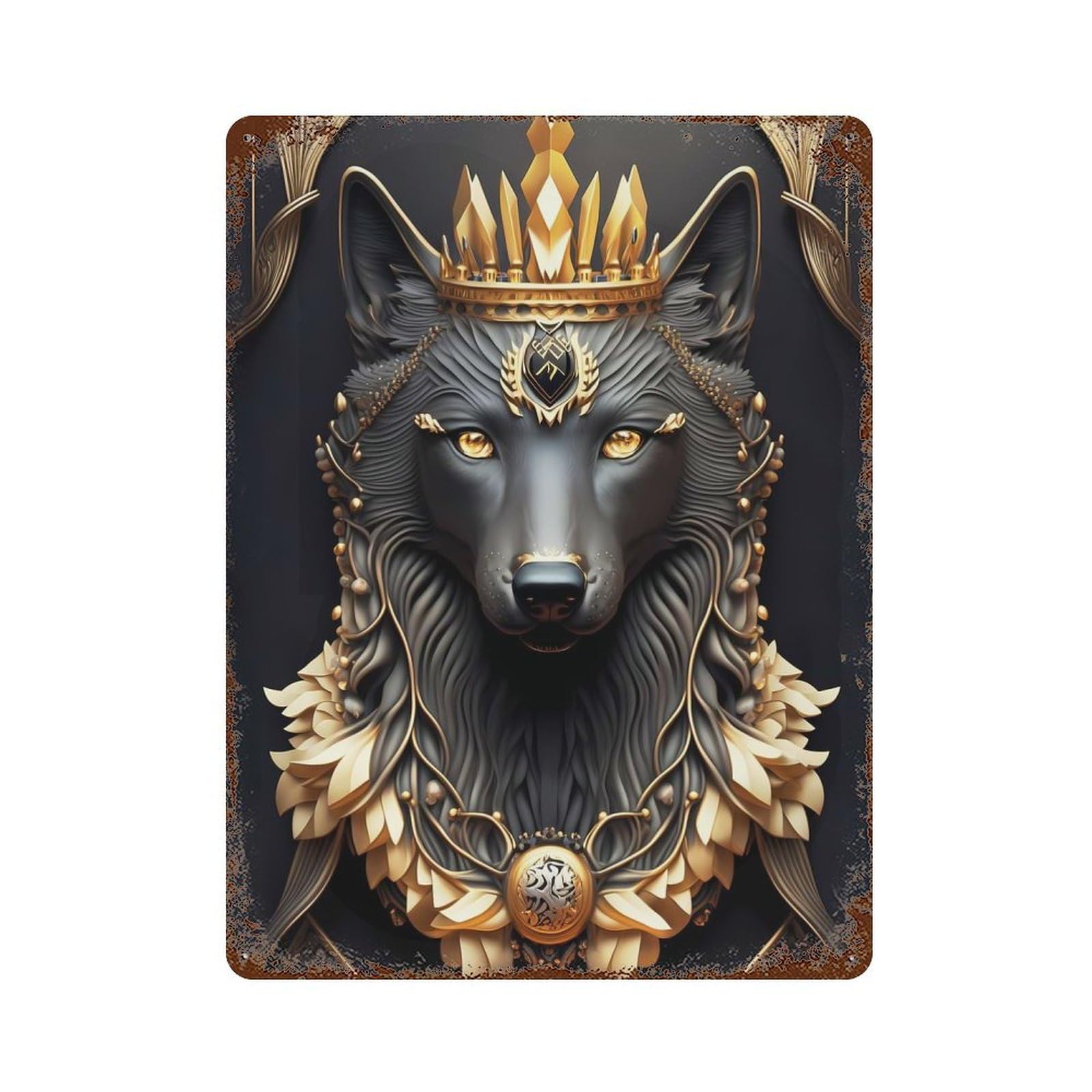 Aged Metal Wall Plaque with Black Wolf Golden Art Deco Design 15.7"x11.8", for Shed, Workshop And Garage Wall Decor, Decorative Metal Wall Art