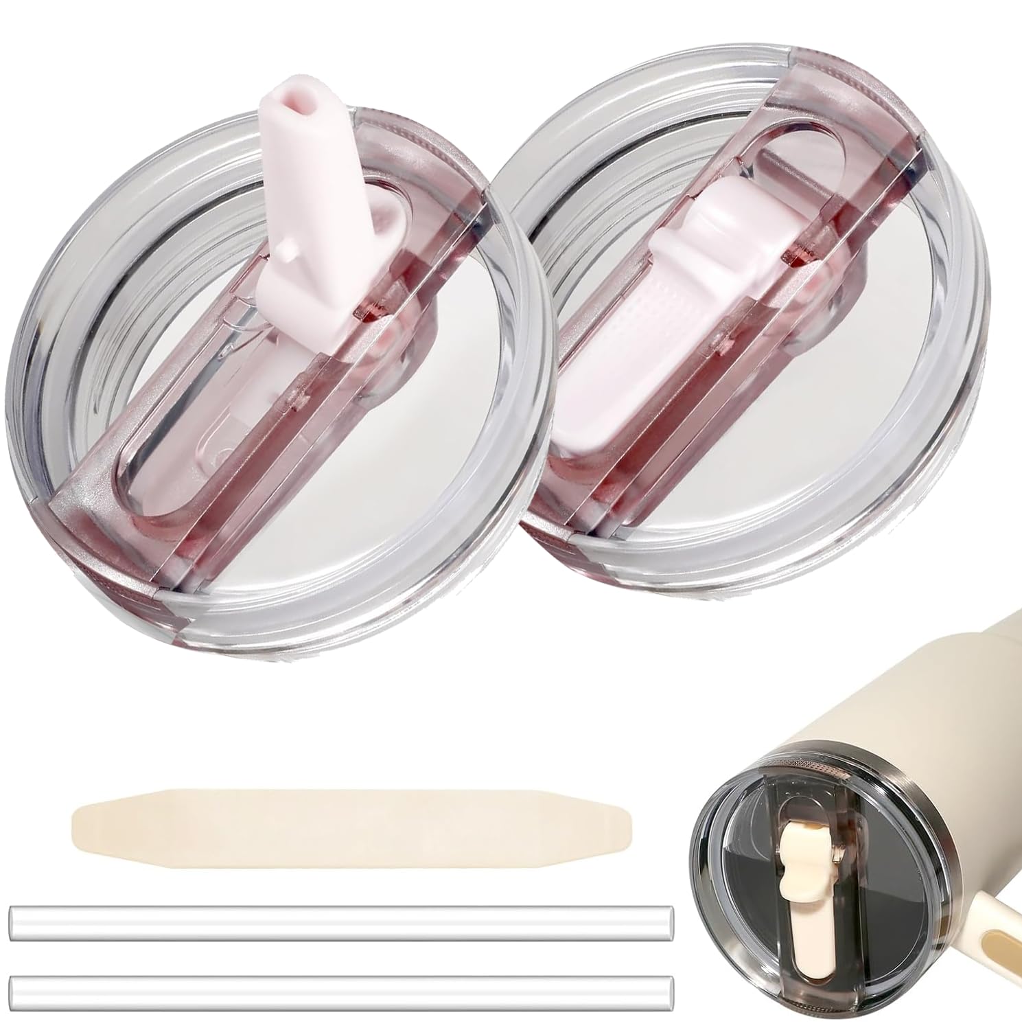 View 1 of 2 Pack 30 oz Tumbler Flip Straw Lid for Stanley Quencher ProTour Leak Proof Lid Replacement for Stanley H2.0 Quencher, Spill Proof Reusable Lid for Stanley Cup Accessories (Rose Quartz *2, 30 oz)