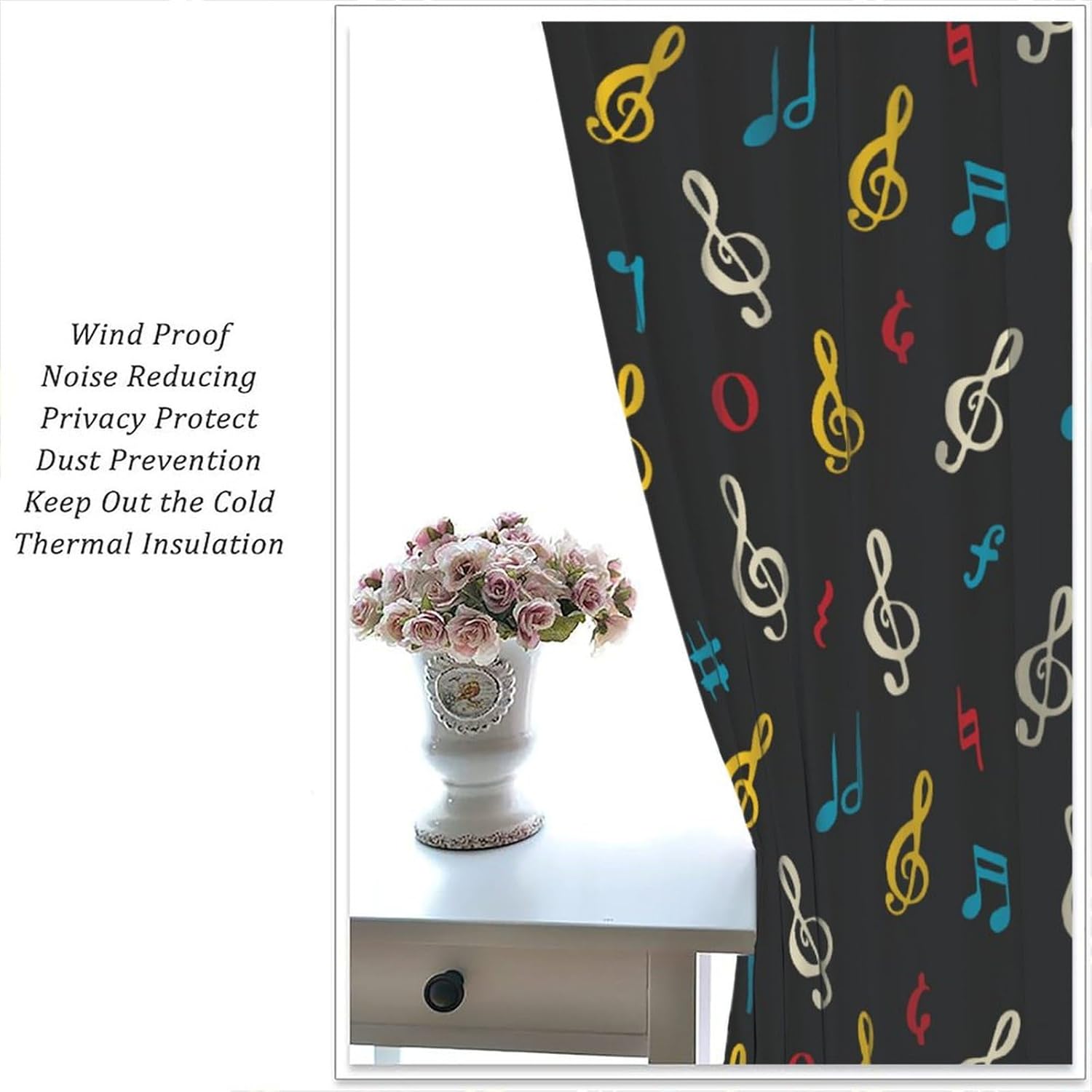 Music Note Curtains,Colorful Melodic Inspiration Musical Lifestyle Rhythm Design, Rod Pocket Blackout Window Treatments for Living Room Bedroom Decor 42" W X 45" L