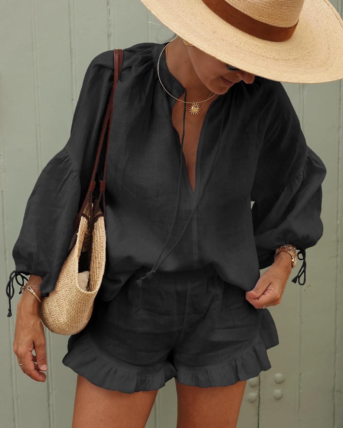 Women Ruffle 2 Piece Sets Long Sleeve Button Down Shirt and Shorts Pajamas Sets - Image 5