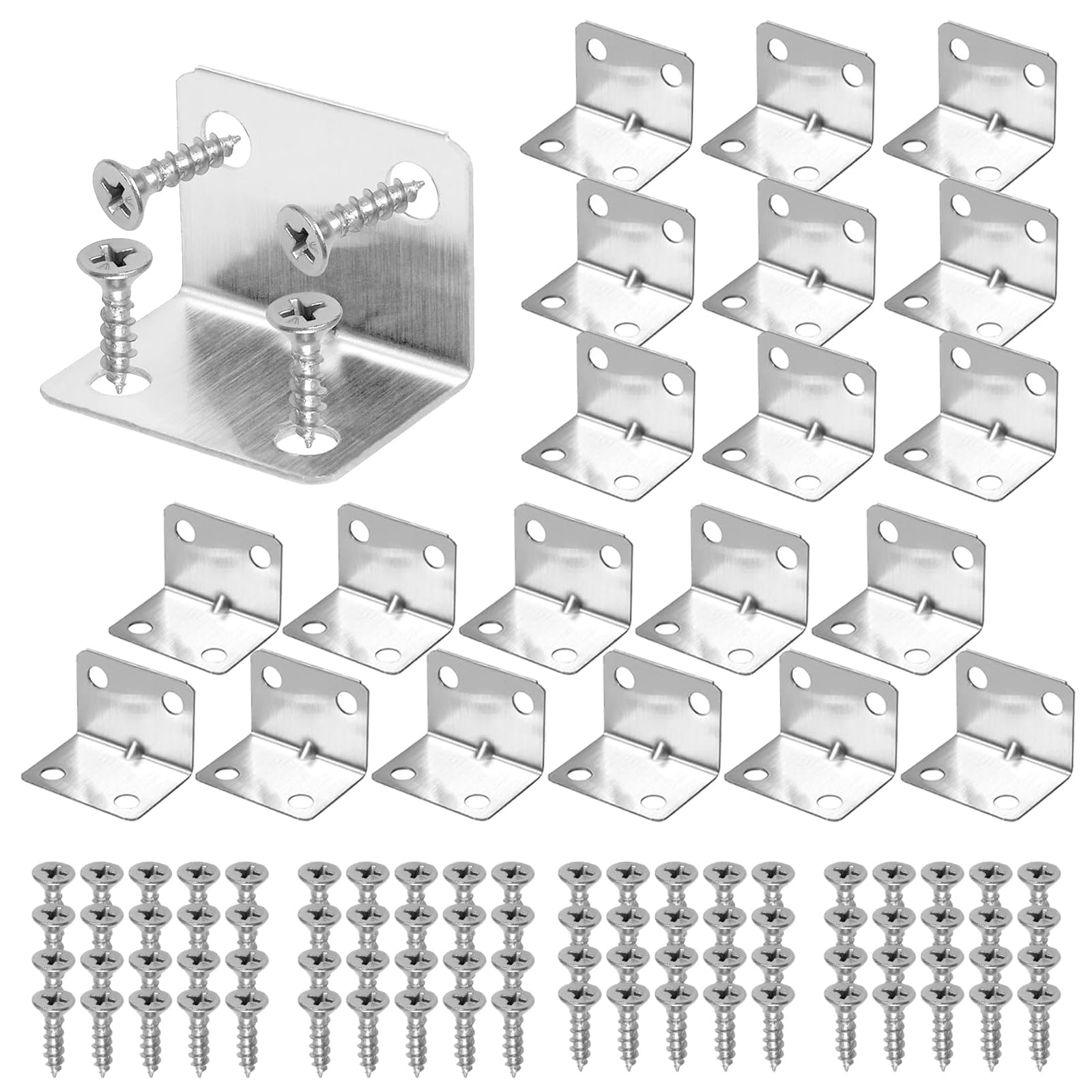 Peapin Silver 20Pcs L Brackets, Stainless Steel Corner Brackets, 90 Degree Corner Brace With 80 Screws, Shelf Bracket For Furniture Fixing And Repairing