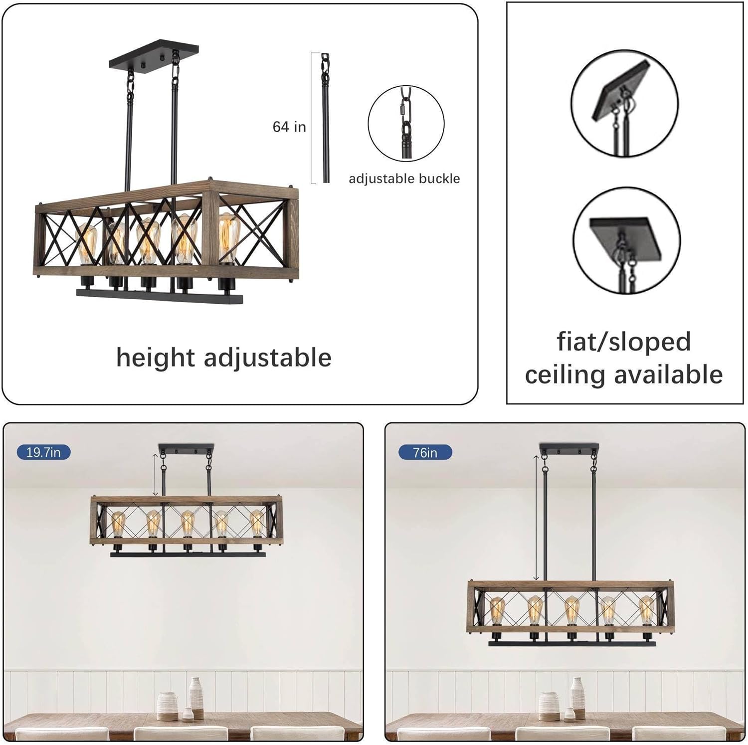 LOG BARN Farmhouse Chandeliers for Dining Room, 5-Light Rustic Rectangle Kitchen Island Lighting, 32'' Wood Rectangular Dining Room Chandelier Light Fixture Over Table