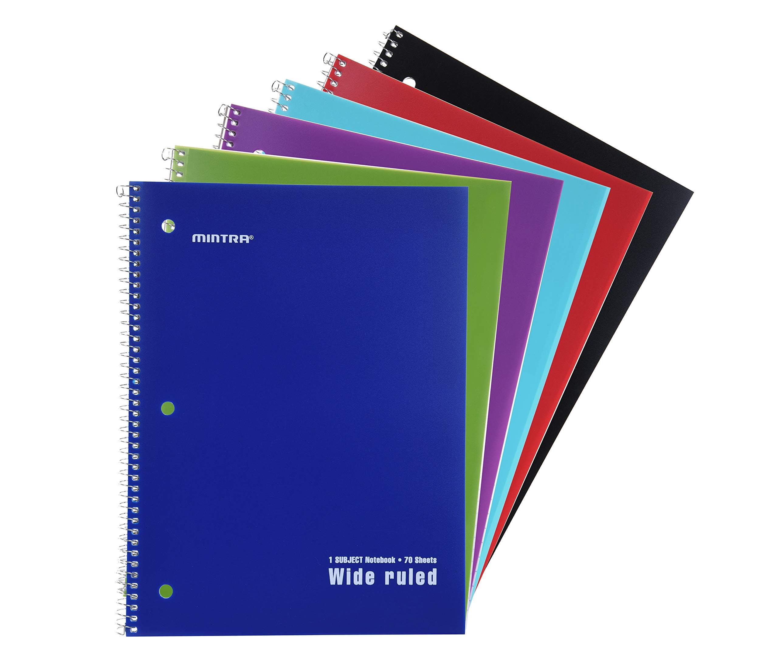 Mintra Office Spiral Notebooks Set - Primary Colors, Wide Ruled, Poly Waterproof Covers, Journals for School, Work, Business, Writing Pads, Teacher & Student Supplies, 70 Sheets Each, 6-Pack