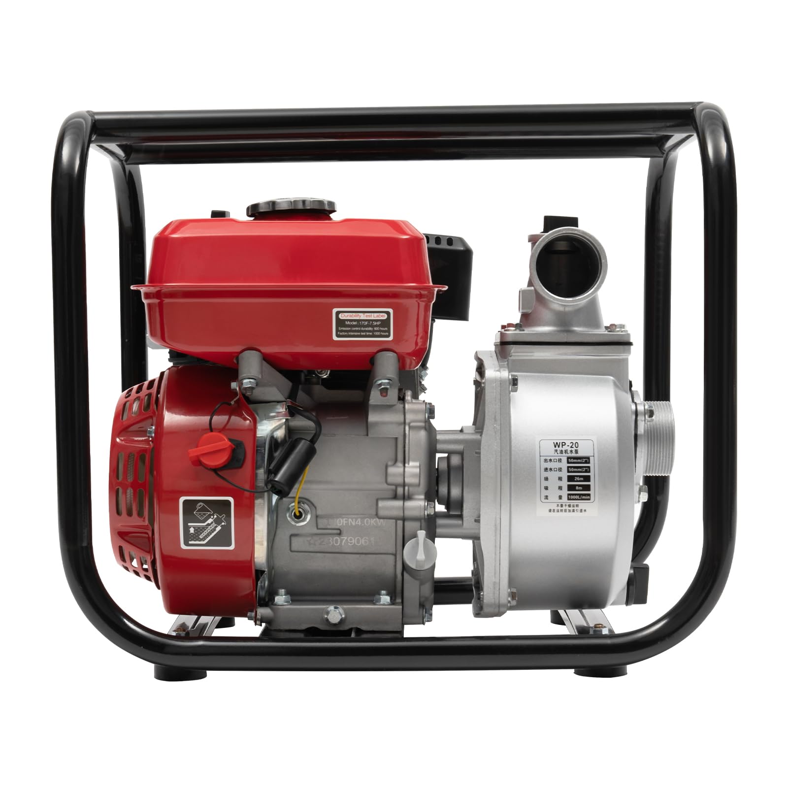 2" Benzin Wasserpumpe, 7,5PS 26m Förderhöhe, 36.000 l/h, Gartenpumpe Schmutzwasserpumpe mit 4-Takt-Motor und 7m Schlauch, Benzin Pumpe, Seilzugstart, Metallfuß, Tragegriff