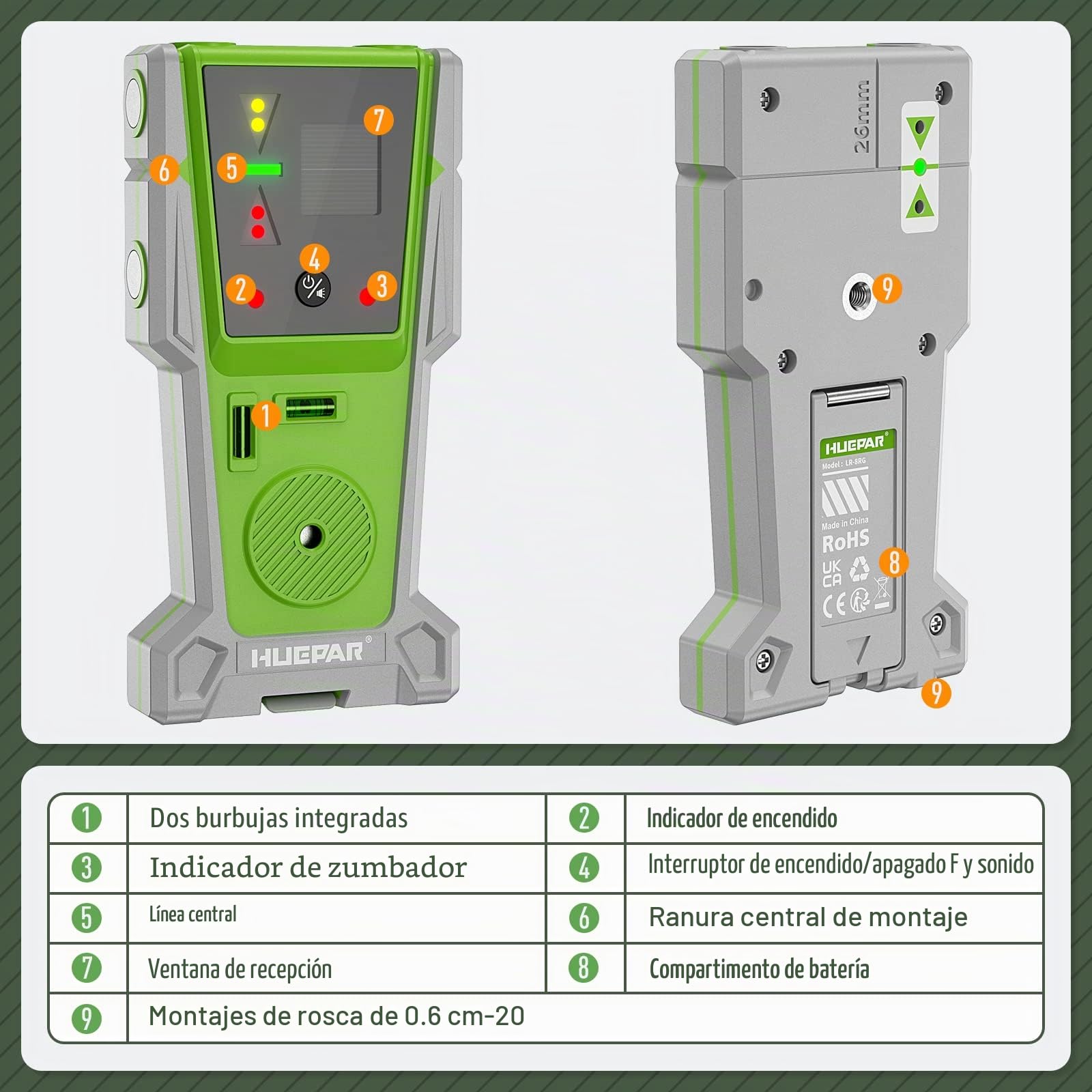 Huepar Detector láser LR-8RG para nivelación láser, receptor láser digital para haz verde y rojo, pantalla LED de doble cara e imán, lámpara doble y zumbador de 90 dB