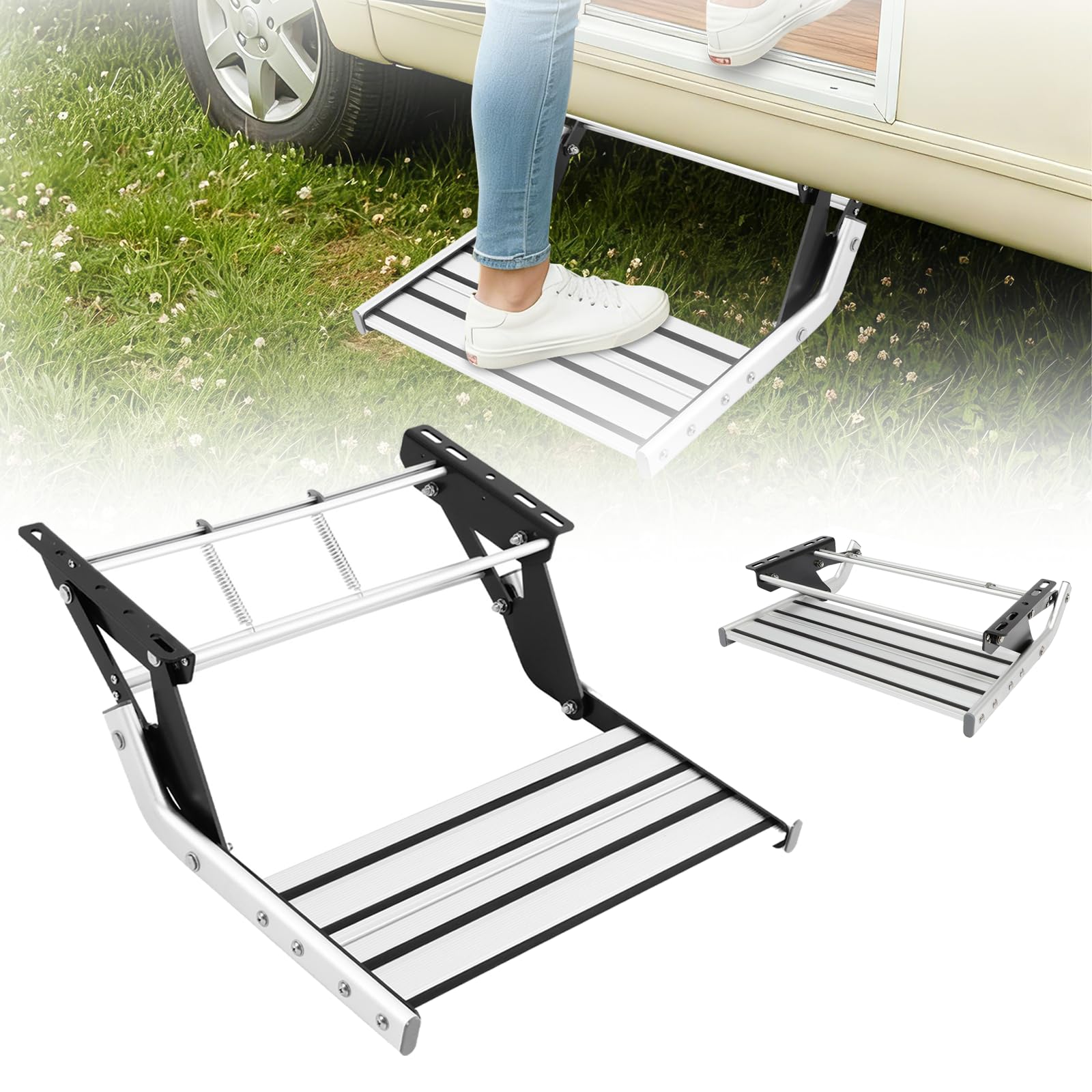 Pedane per roulotte, scalini manuali, pieghevoli, per camper, gradino di ingresso fino a 150 kg, capacità di carico con cerniera e strisce antiscivolo