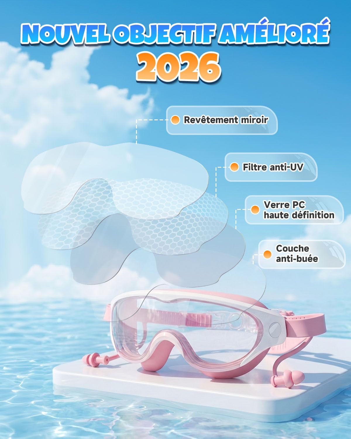 Zoomsnail Lunettes de Piscine Enfant 2 Pack, Design Semi-Cadre, Vision Panoramique Anti-Buée, Silicone Confort Étanche, Sangle Réglable, pour Filles et Garçons 3-15 Ans