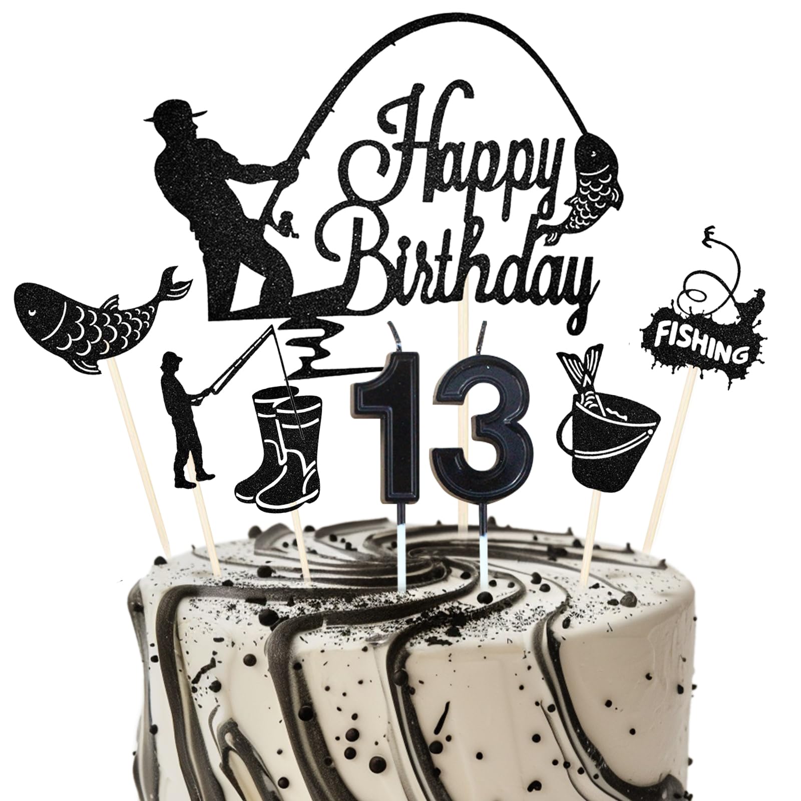 13th Birthday Candles for Cake, Black Gone Fishing Cake Topper, Happy 13th Birthday Cupcake Toppers, Fishing Cake Decorations, Fishing Themed Party