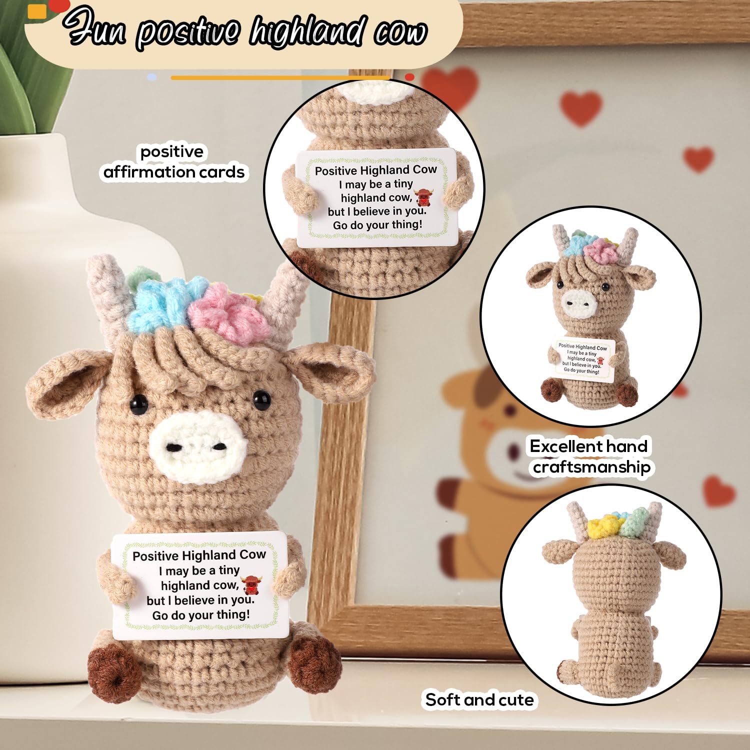 TOYMIS Mucca Delle Highland Lavorata A Maglia, Bambola Amigurumi Carina E Positiva Con Biglietto Incoraggiante, 12cm, Regalo Per Amici