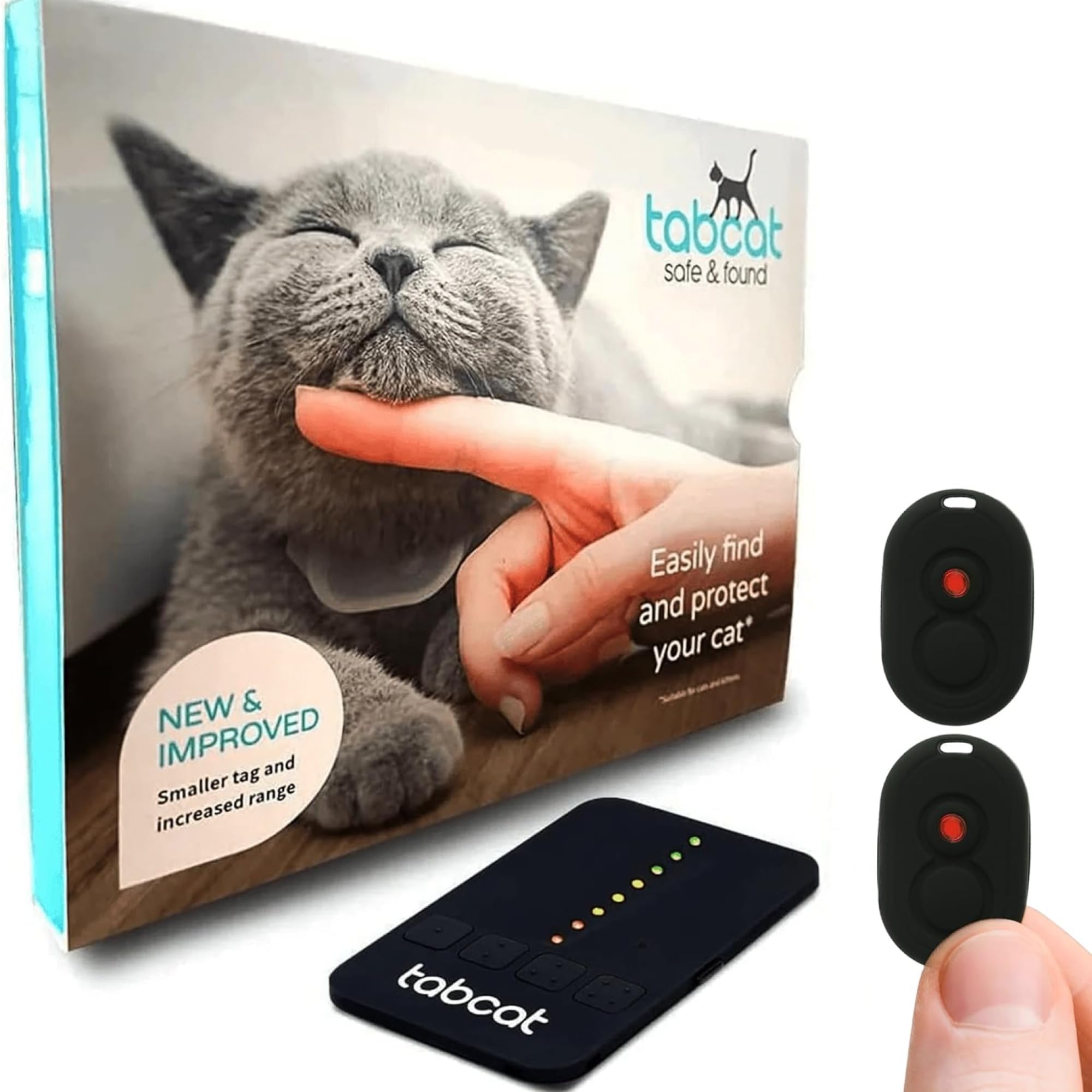 Traceur Tabcat V2 pour chats et chatons - Sans abonnement mensuel | 2 balises de localisation légères, étuis et boîtier de suivi | Plus précis que le GPS | Suivi de 2 chats à 2,5 cm et portée de 150 m