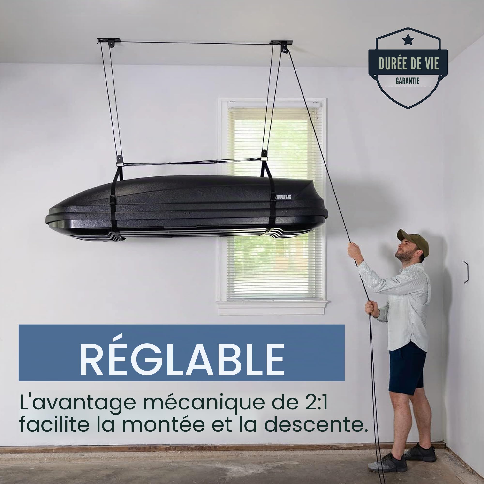 StoreYourBoard Palan de plafond robuste pour boîte de chargement – Système de levage de poulie de garage convient aux plafonds de 2,4 à 3 m