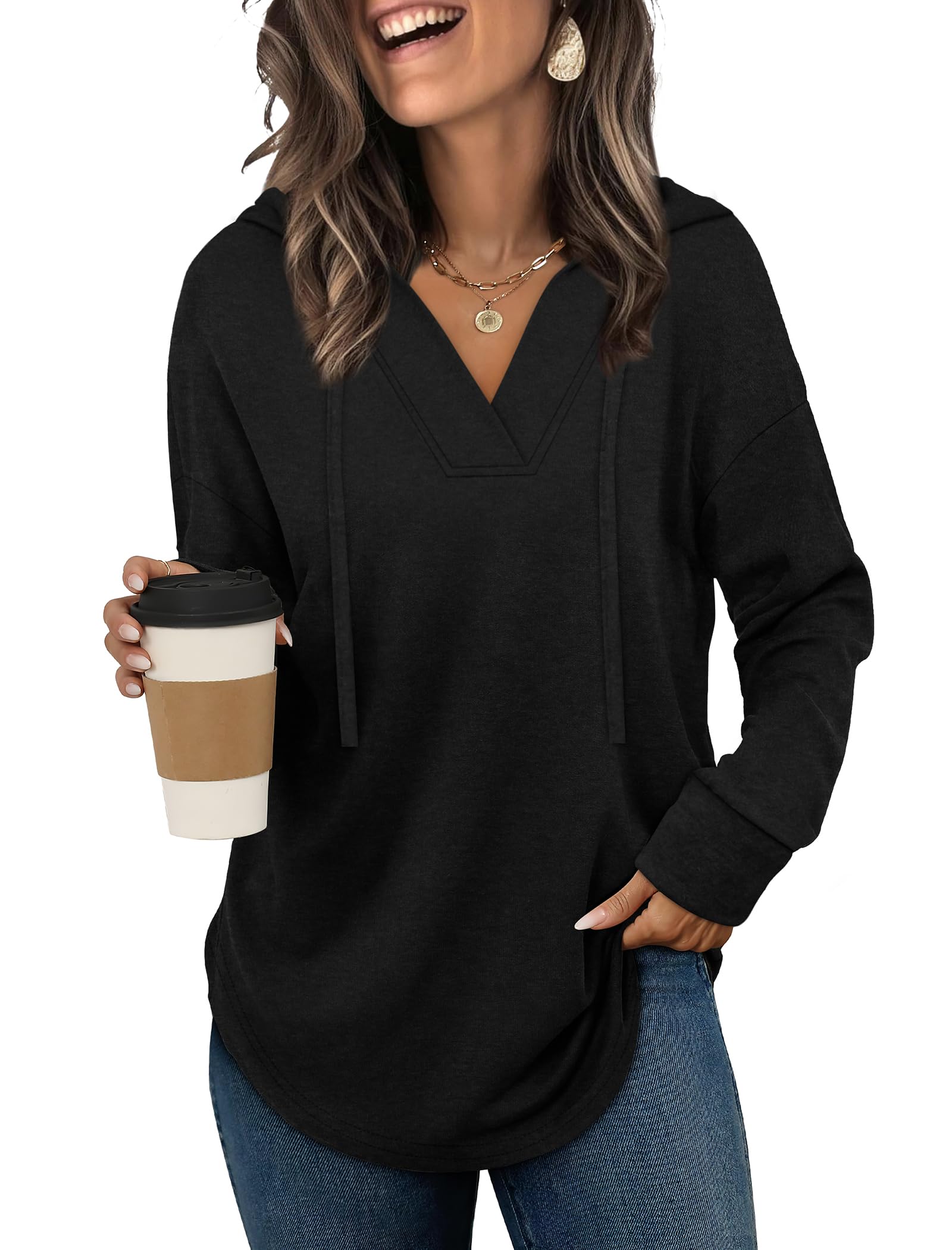 Sampeel Hoodies for Women Trendy Fall Fashion 2026 V Neck Oversized Sweatshirt Plus Size Tops Clothes