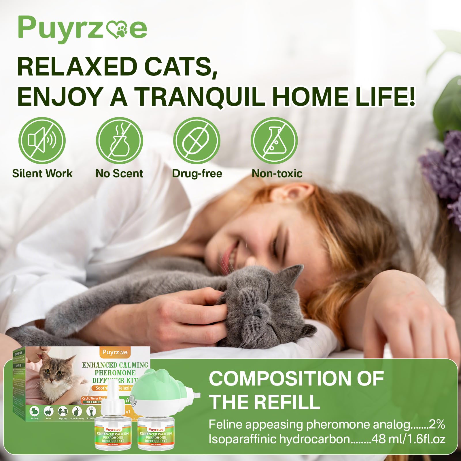Cat Calming Diffuser with Timing Function, 3-in-1 Cat Pheromones Calming Diffuser Kit, 60-Day Anxiety Relief, Stress Relaxation Cat Pheromone Diffuser for All Cats (1 Diffuser + 2 Refills) - image 8