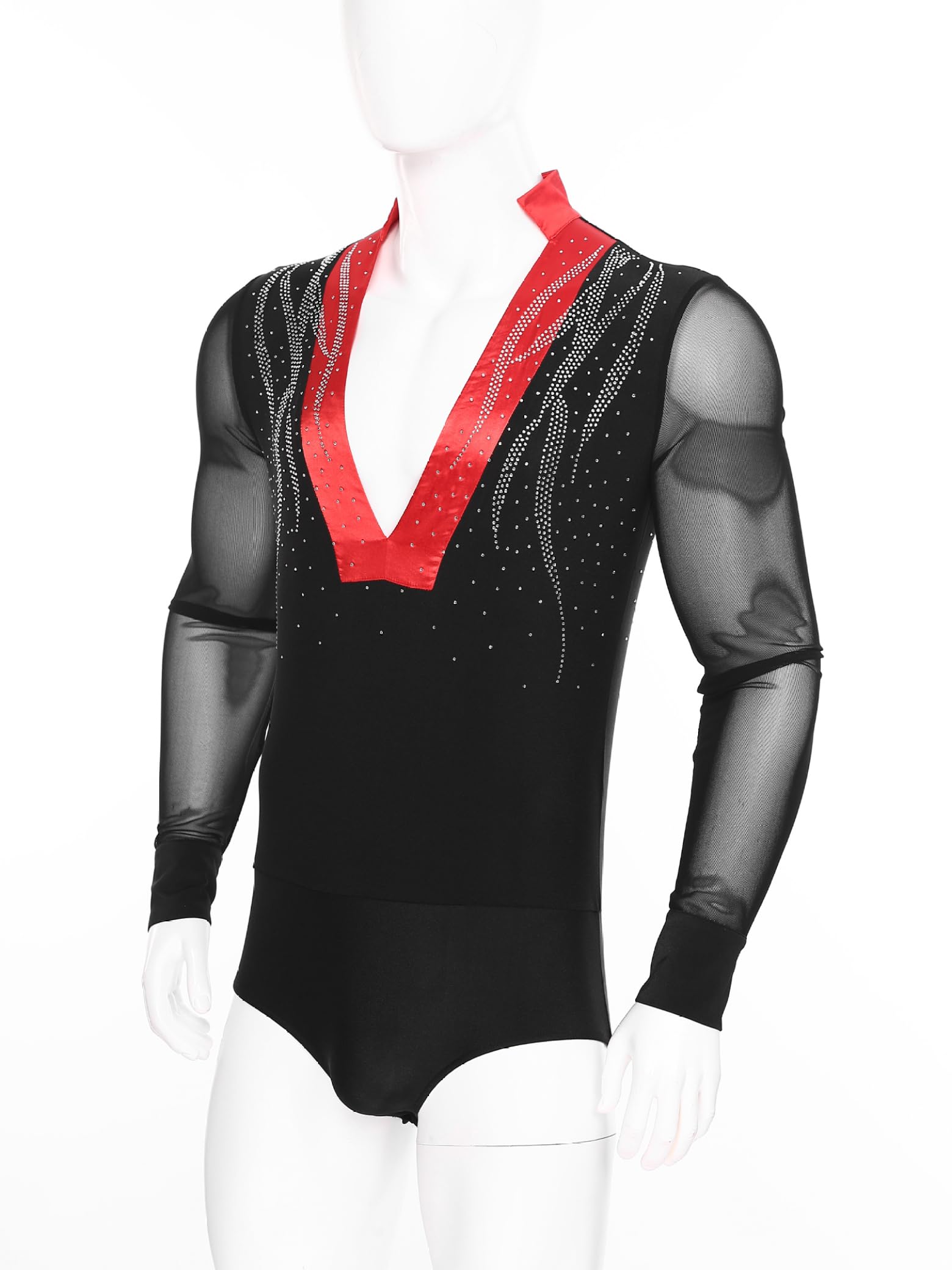 Camisa de baile latino para hombre, manga larga, cuello en V, retazos de malla brillante, body con diamantes de imitación estándar jazz salón de baile traje de leotardo