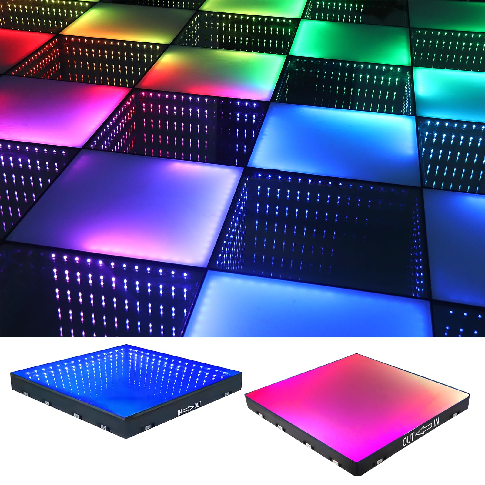 MKORMK 3D Dance Floor Stage Lights 25PCS, 8 * 8ft Tempered Glass with Flight Case Infinity Mirror Panel 3D Effect LED Dance Floor for Wedding Party (3D+RGB-Magnetic)