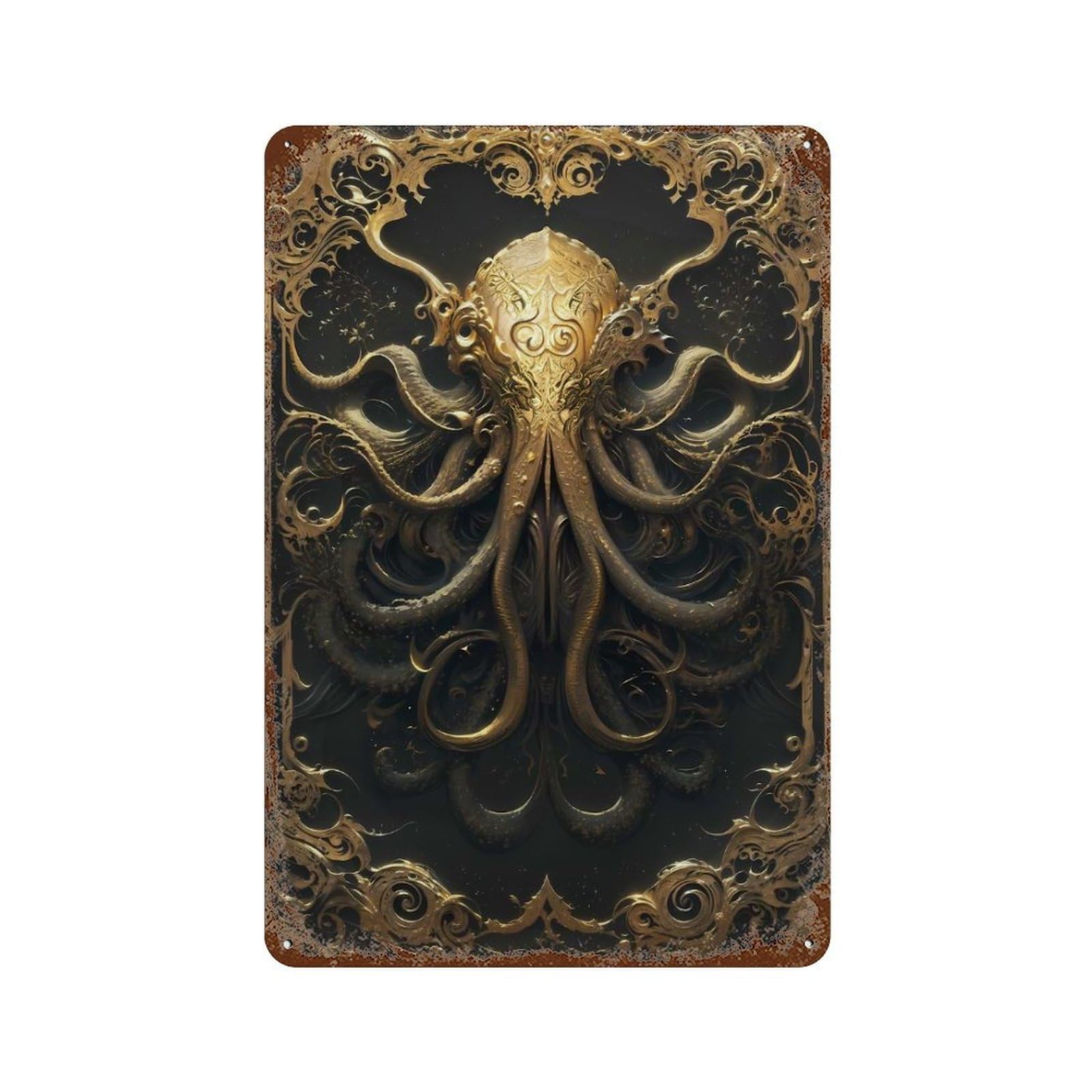 Garage Style Golden Cthulhu Art Deco Rustic Tin Plaque 11.8"x7.9", Vintage Wall Decor for Bar And Workshop