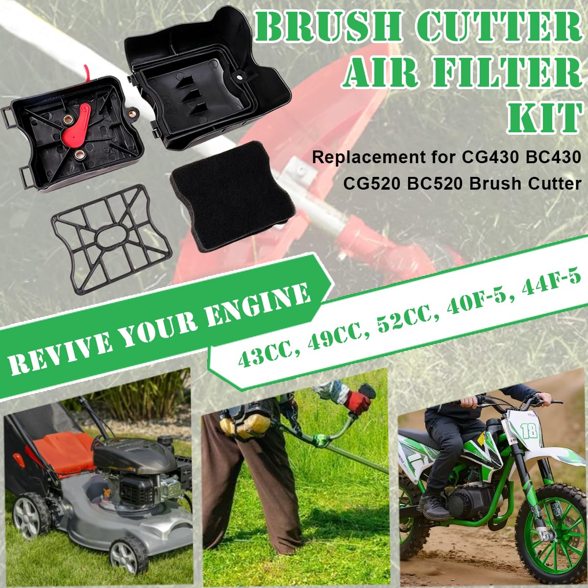 ZAMDOE Kit filtro aria di ricambio per decespugliatori CG430 BC430 CG520 BC520 43CC 49CC 52CC 40F-5 44F-5 Motori a 2 tempi, decespugliatori, coperchio e alloggiamento filtro aria, ricambi