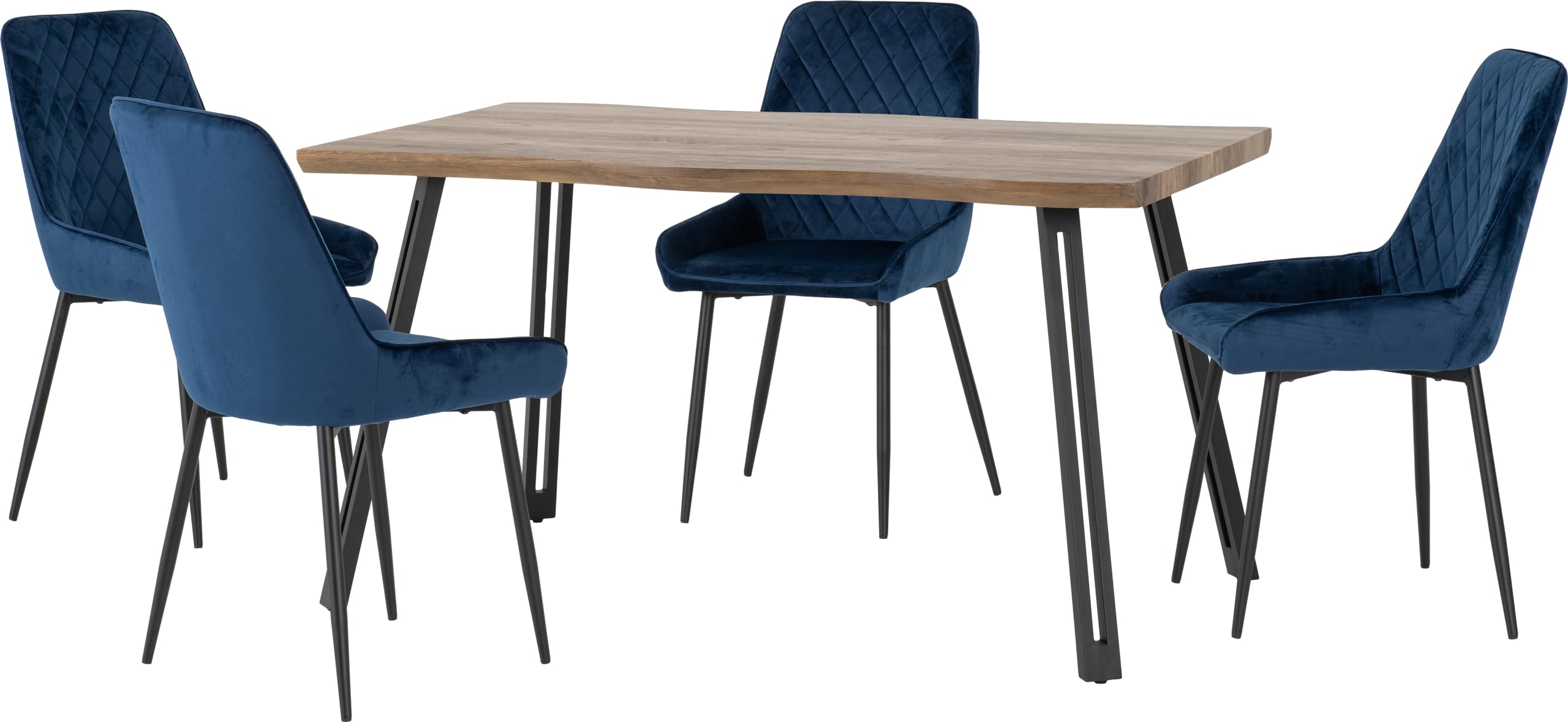 Seconique Quebec Wave Avery Velvet 4 Seater Dining Set - Oak Effect - Sapphire Blue