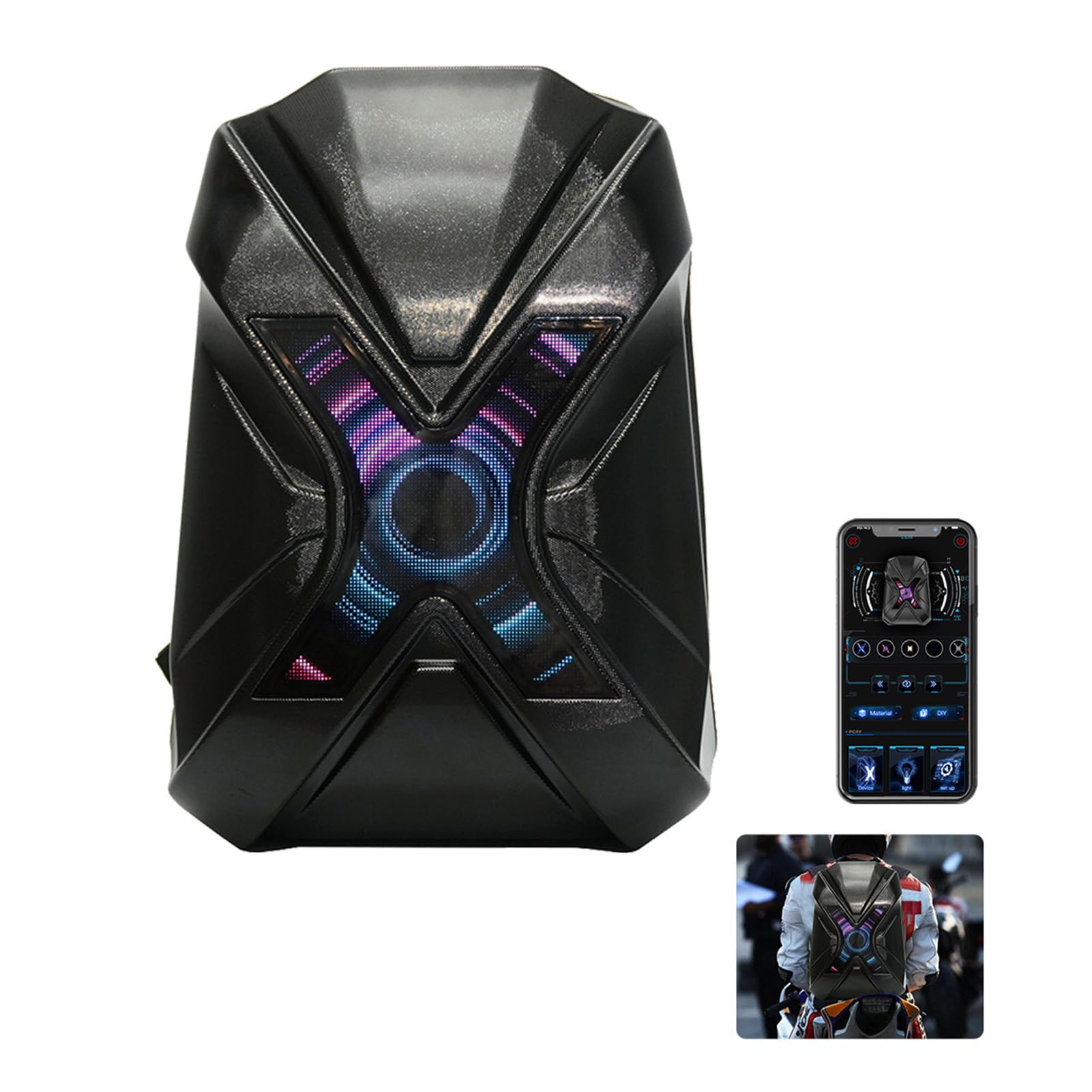 Eujgoov Plecak Motocyklowy LED, Plecak Jeździecki z Twardej Skorupy ABS PC 1680PVC z Kolorowym Wyświetlaczem X 88x96, Schowek na Laptopa 30 L, Kontrola Aplikacji dla Wycieczek Rowerowych