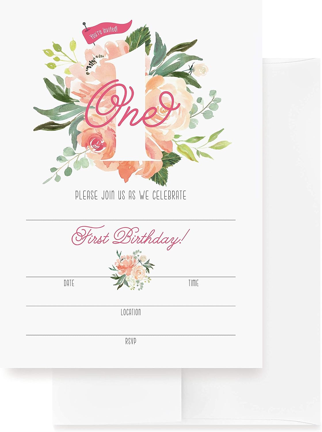 Bliss Collections First Birthday Invitations with Envelopes, 25 Blank Fill-In Boho Baby Shower Invites in Pink Floral Greenery Design, 5 x 7 Cards to Match Your Baby Shower Decorations and Decor