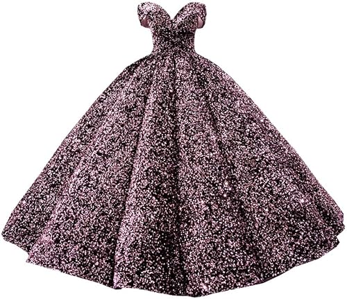 Mollybridal Vestido de fiesta de quinceañera con lentejuelas con purpurina y cuello en V y hombros descubiertos, vestido formal de graduación 2025