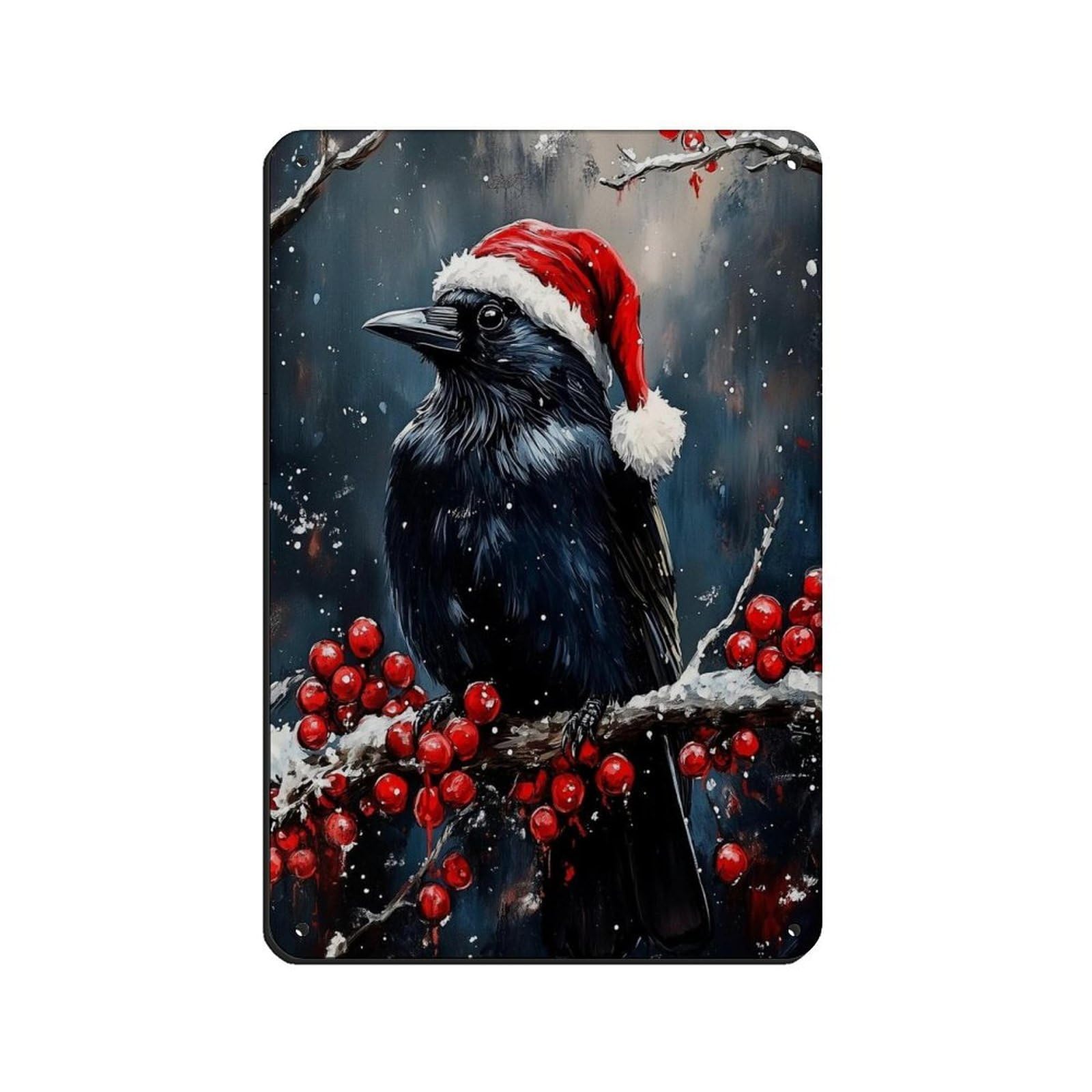 Raven on Holly Branch, Vintage Christmas Raven Art Retro Poster Metal Tin Sign Chic Art Retro Iron Painting Bar People Cave Cafe Family Garage Poster Wall Decoration 8x12inch(20x30cm)