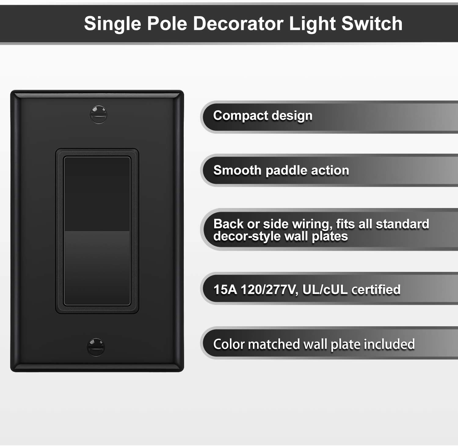 🔥 [10 Pack] BESTTEN Single Pole Decorator Wall Light Switch with Wallplate, 15A 120/277V, On/Off Rocker Paddle Interrupter, UL Listed, Black
