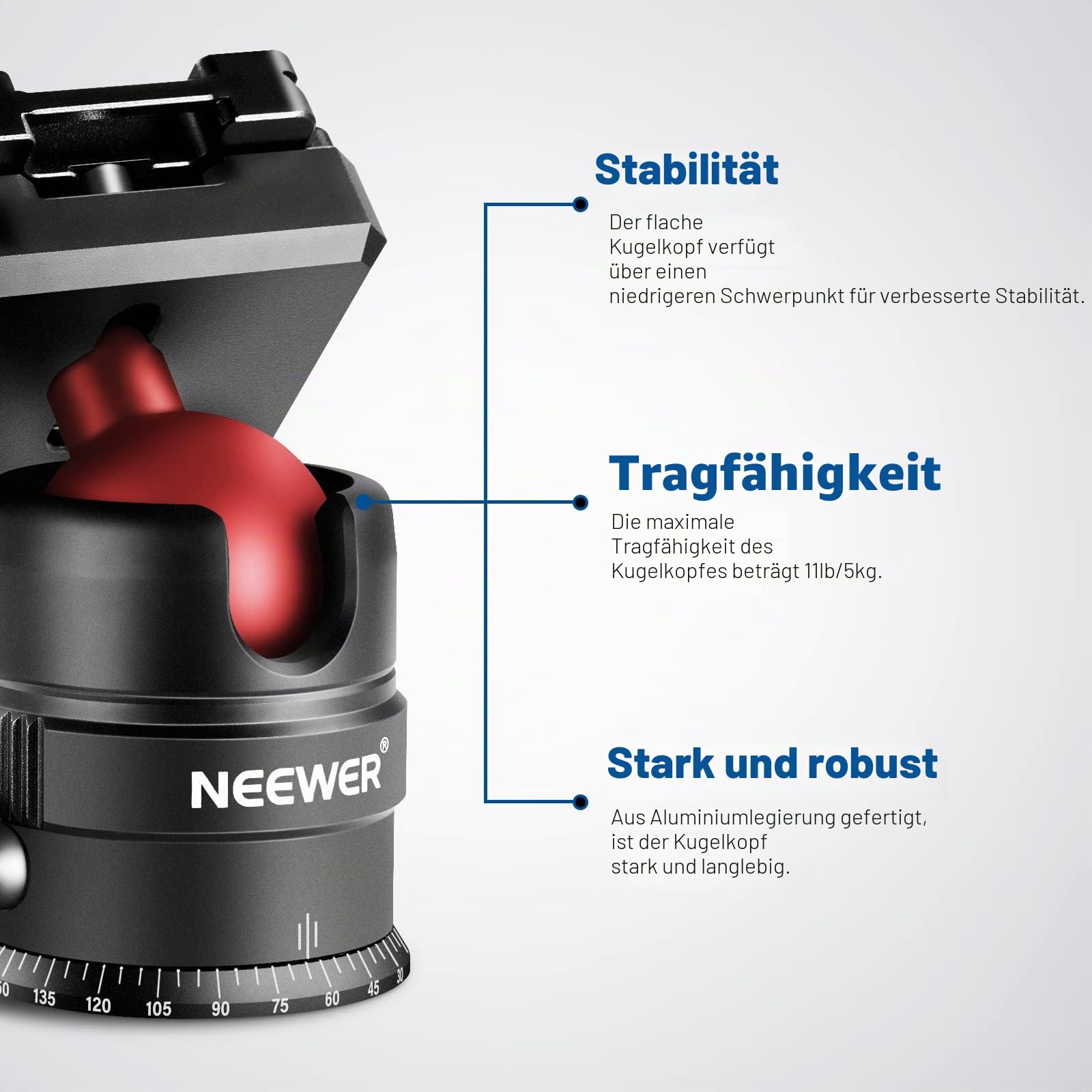 NEEWER Stativkopf, 360° drehbarer Panorama Kugelkopf mit 1/4 Zoll Schnellwechselplatte für Stativ, Einbeinstativ, Slider, DSLR Kamera, Camcorder, maximale Belastung bis zu 5kg- GM28