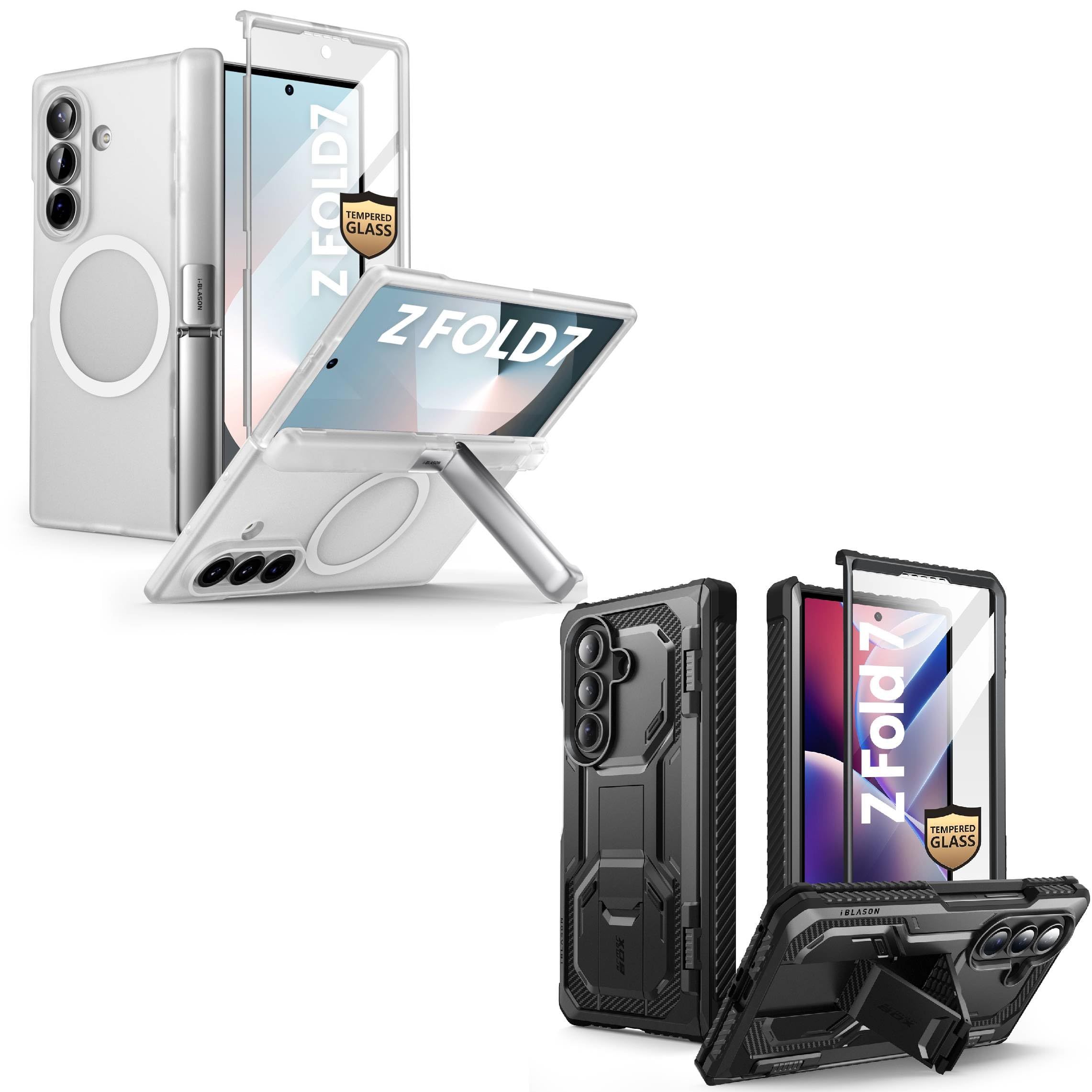 i-Blason for Samsung Galaxy Z Fold 7 Case with Built-in Screen Protector, Adjustable Stand, Hinge Protection (Clear & Heavy Duty)