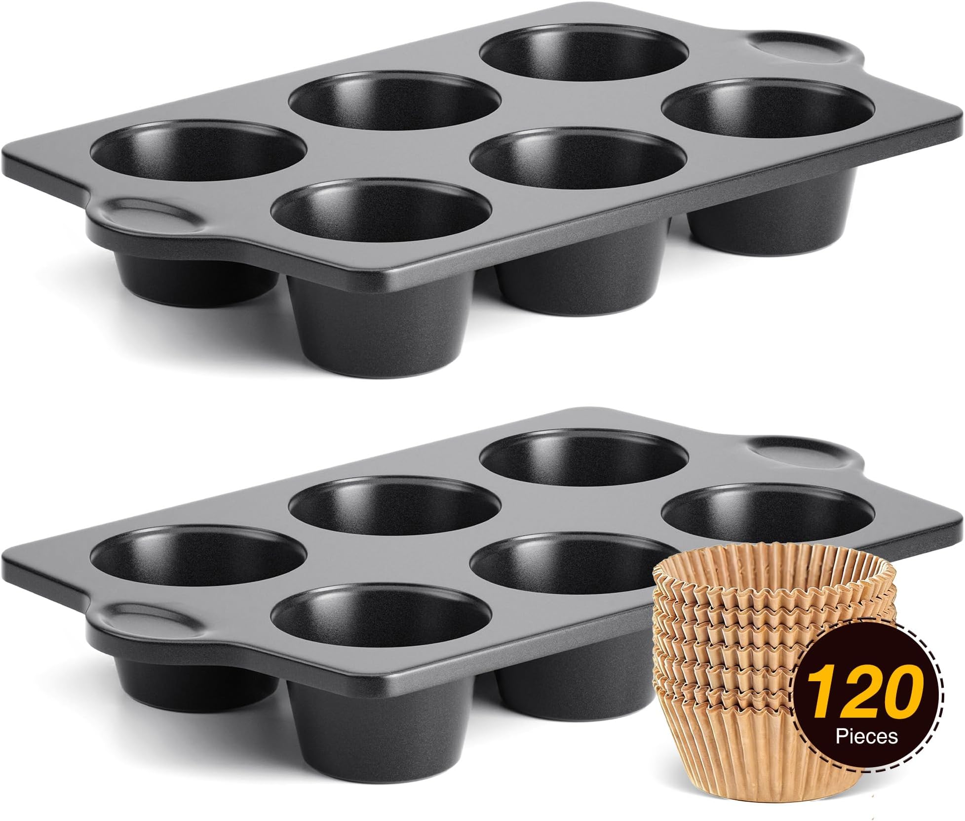 HONGBAKE Nonstick Jumbo Muffin Pan, 2 Pack Large Cupcake Tin with 120pcs Muffin Liners, Cup Cake Tray for Baking, 3.5dia, 6 Cup, Premium, Extra Thick