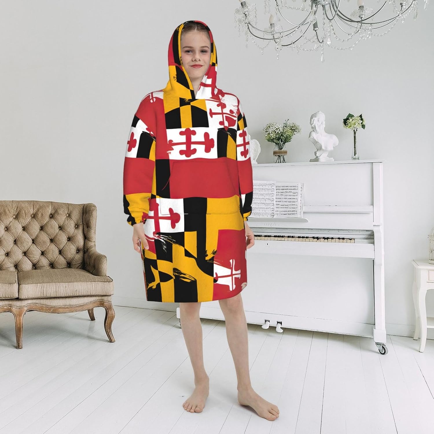 Maryland Flag Print Oversized Blanket Hoodie, Wearable Blanket Hooded,Hooded Pullover With Pocket
