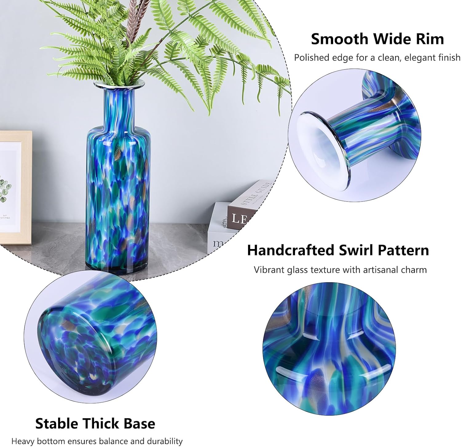 LCCCK 13" Tall Glass Vase Pretty Hand Blown Glass Vase, Unique Colorful Flower Vases for Bouquet, Modern Sea Art Decorative Vase for Home Living Room Kitchen Bathroom Dining Table Centerpieces - Image 2