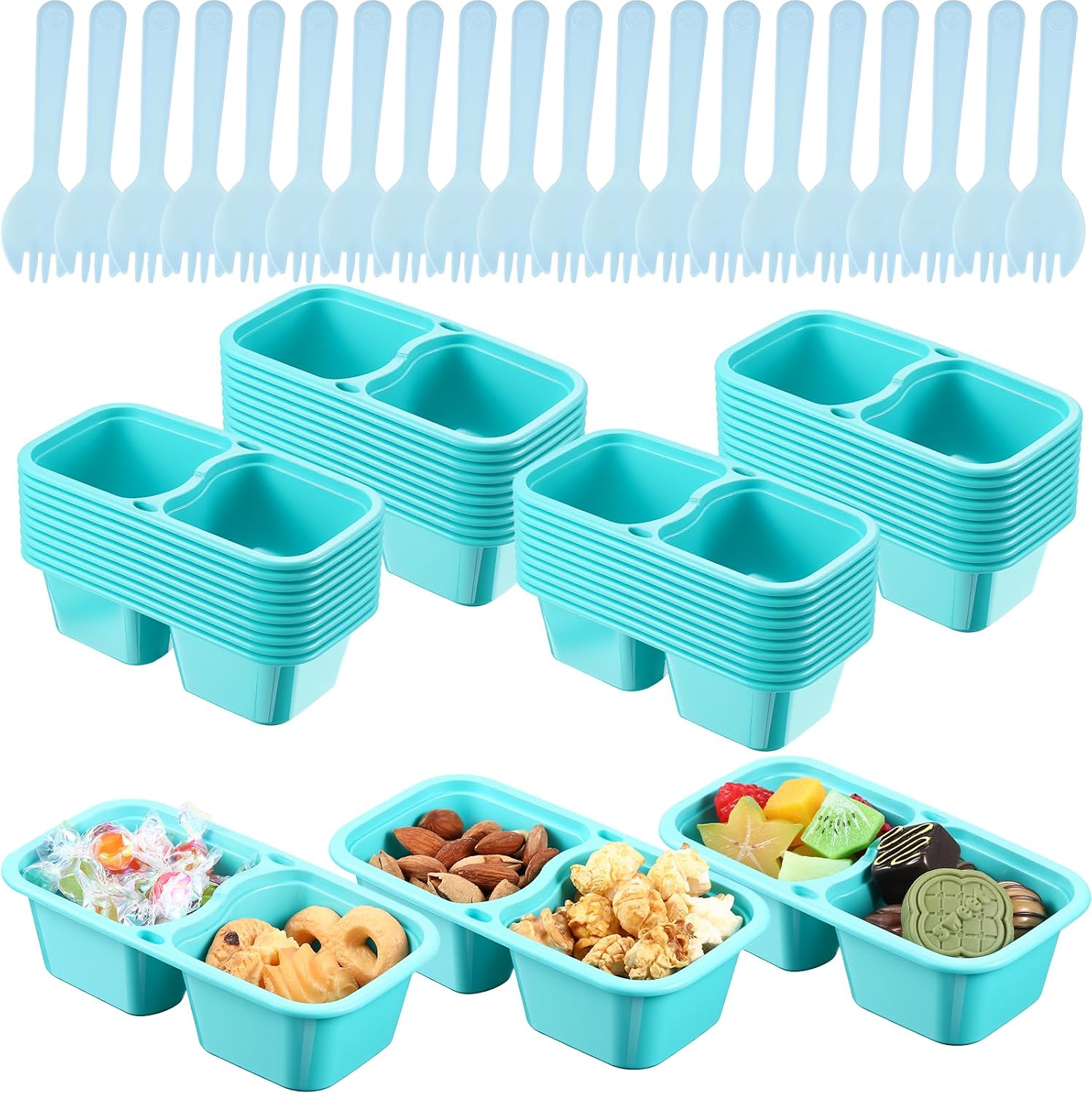 Teenyyou 40 Sets Reusable Snack Containers with Lids & Spoons Double Compartment Snack Containers for School Office Lunch Take Out Sauces Dips Microwave Safe (Blue)
