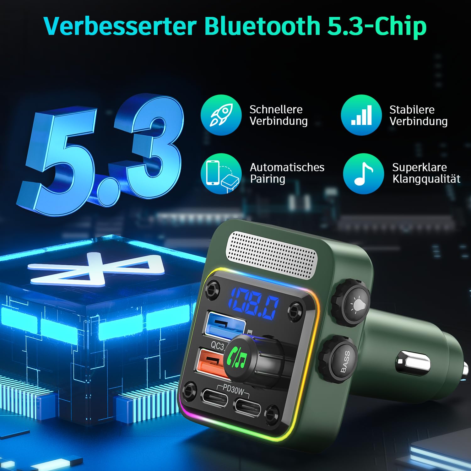 SONRU FM Transmitter Bluetooth 5.3 Adapter Auto, Bass & HiFi Stereo Freisprechanlage Mit [PD 36W & QC 3.0 18W] Schnelles Autoladegerät