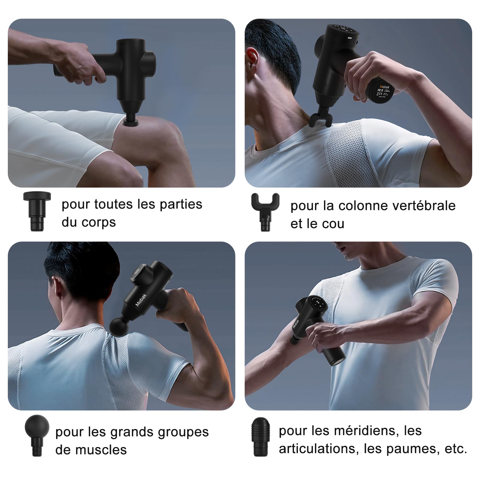 Mebak 7 Pistolet de Massage, Massage Gun, Pistolet Massage Musculaire, 5 Réglages de Vitesse & 4 têtes de Massage,Charge USB-C, Idéal Comme Cadeau d'anniversaire pour Femme et Homme