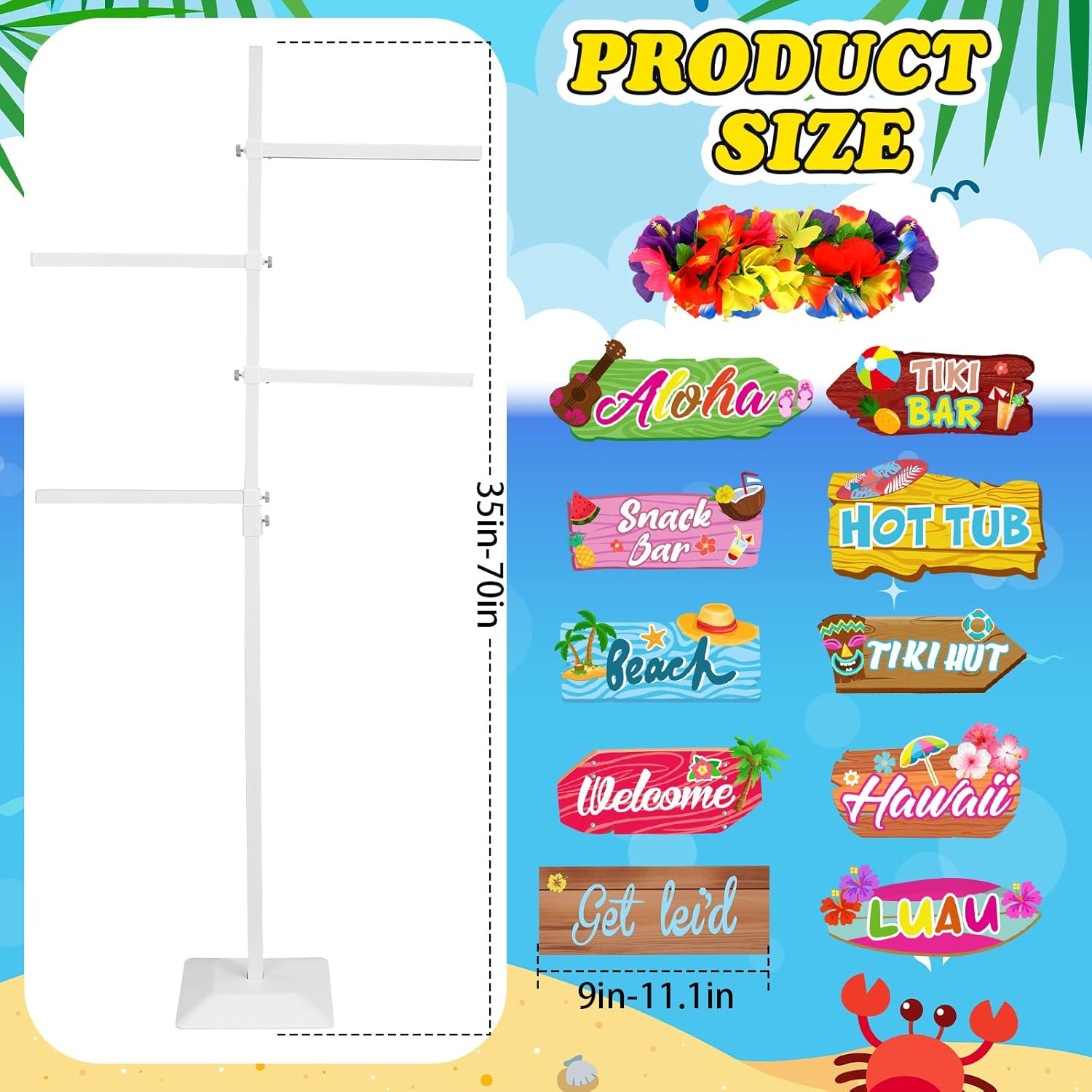LEIFIDE Adjustable Hawaiian Leis Holder Stand with Base 11 Luau Party Welcome Signs Summer Tropical Decoration Hawaiian Party Directions Signs Display Rack for Tropical Flower Lei Garland Wreath Shows