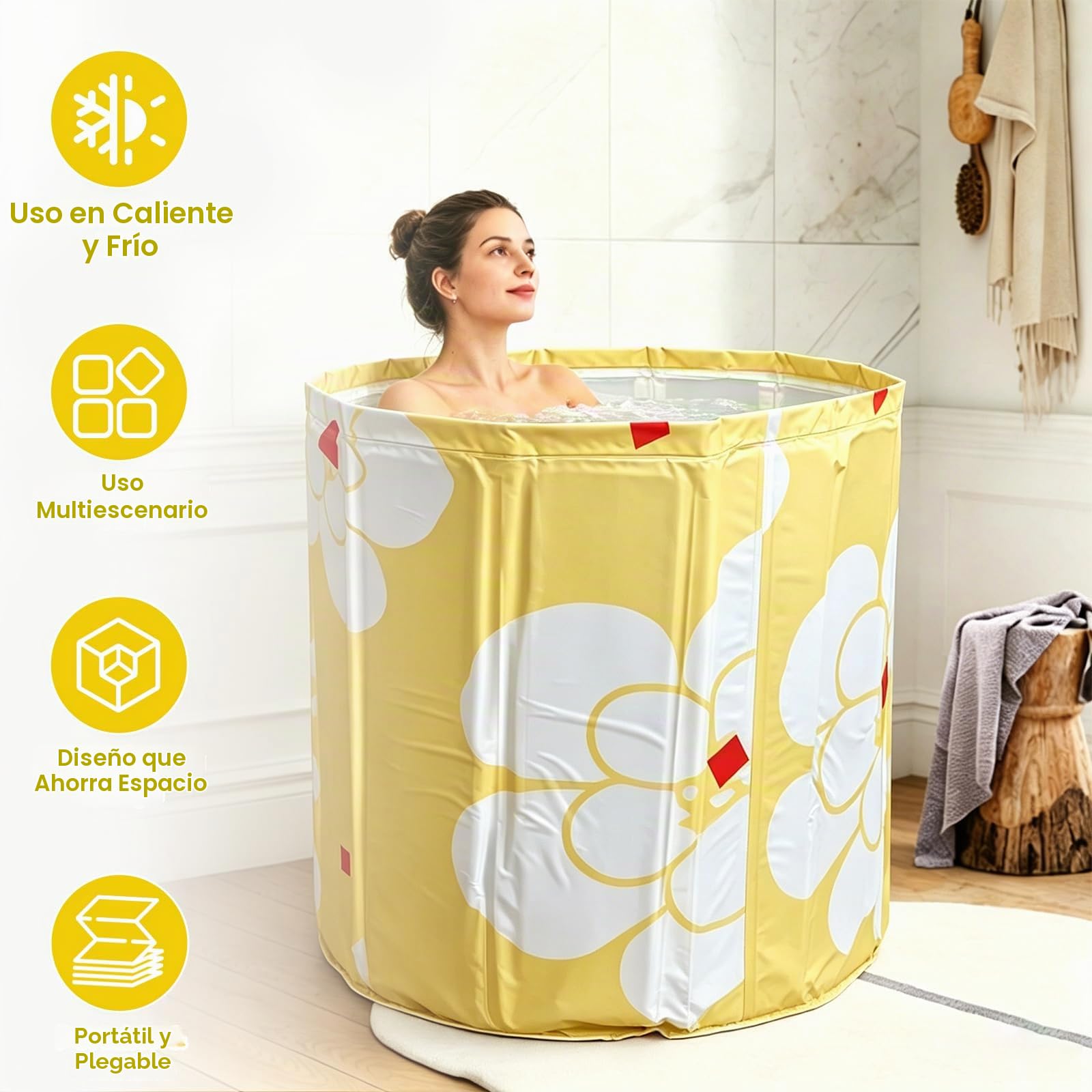 Bañera plegable de 70 × 65 cm para adultos – Bañera profunda portátil para agua caliente y fría con manguera de drenaje y cojín de asiento, ahorra espacio en la bañera plegable para baño