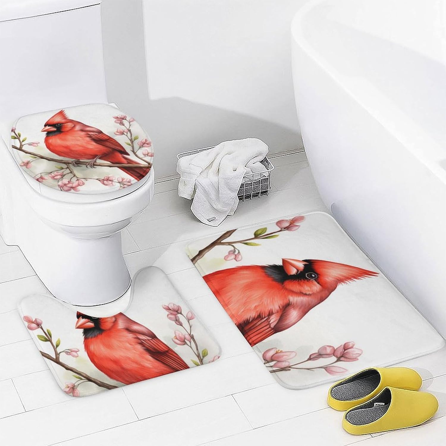 4 Piece Beautiful Floral Bird Shower Curtain Set with Rugs, Include Beautiful Floral Animal Bathroom Non-Slip Floor Mat, U-Shaped Bath Rug and Toilet Cover Lid with 12 Hooks, Style-2