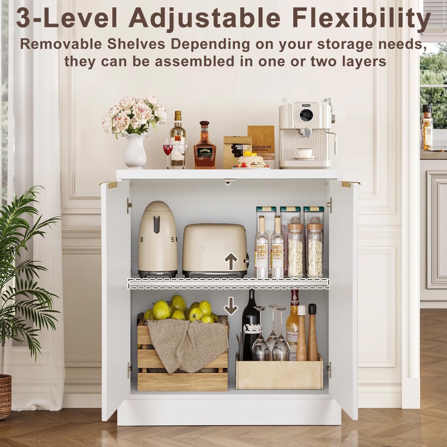 28" Fluted Buffet Sideboard Cabinet with Storage - Modern Accent Credenza Console Table with Adjustable Shelves for Kitchen, Dining Room, Living Room, Entryway