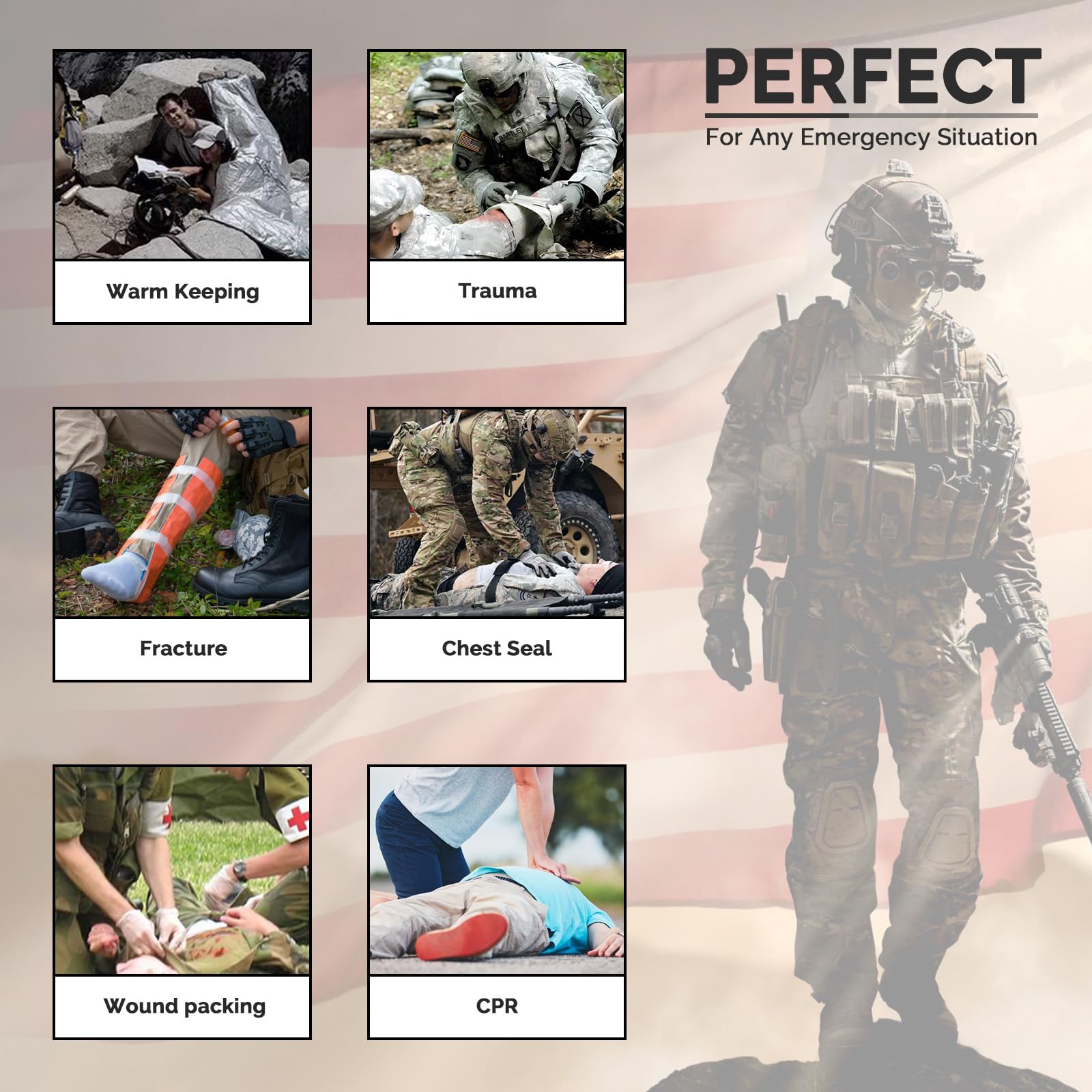 IFAK - Kit de primeros auxilios para trauma, bolsas Molle, kit de supervivencia de emergencia para coche táctico militar, viajes, senderismo, camping, con sello de pecho ventilado, vendaje israelí