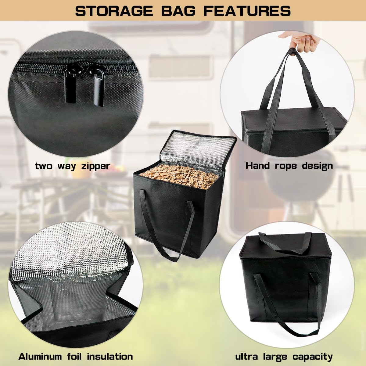 Bolsa de almacenamiento de pellets de madera, dispensador de pellets para fumador, contenedor de pellets de madera impermeable, bolsa de almacenamiento de pellets para acampar al aire libre, viajes, 3