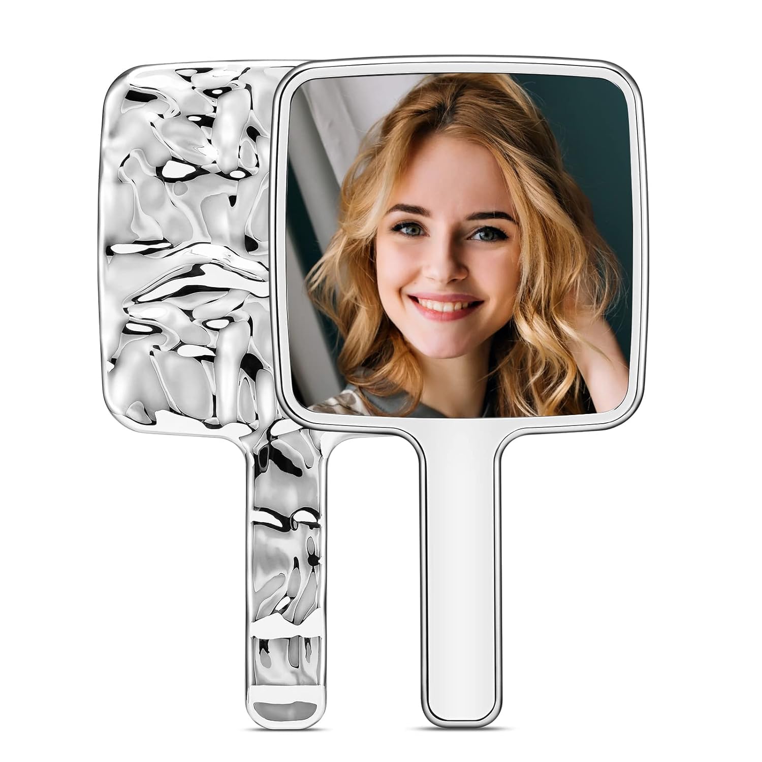Handheld Mirror, Water Ripples Hand Mirror with Handle for Make up, Square, Silver, Medium (5 x 9 inches)-picture-11