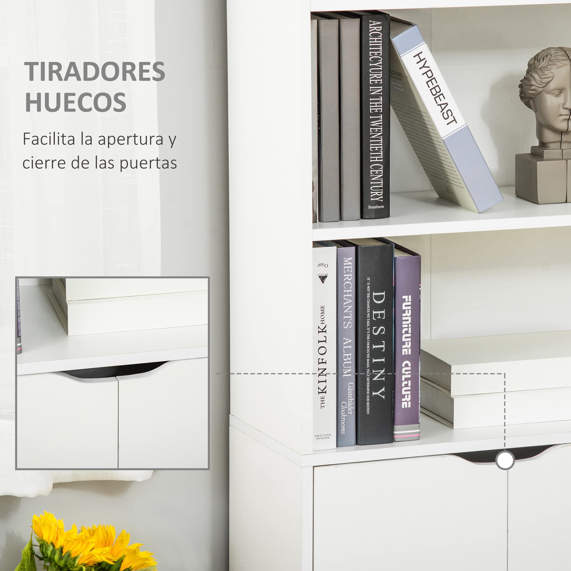 HOMCOM Estantería para Libros de 6 Niveles, Librería con 2 Puertas, 4 Estantes Abiertos, Armario Alto para Salón, Estudio, Oficina, 59x29x180 cm, Blanco