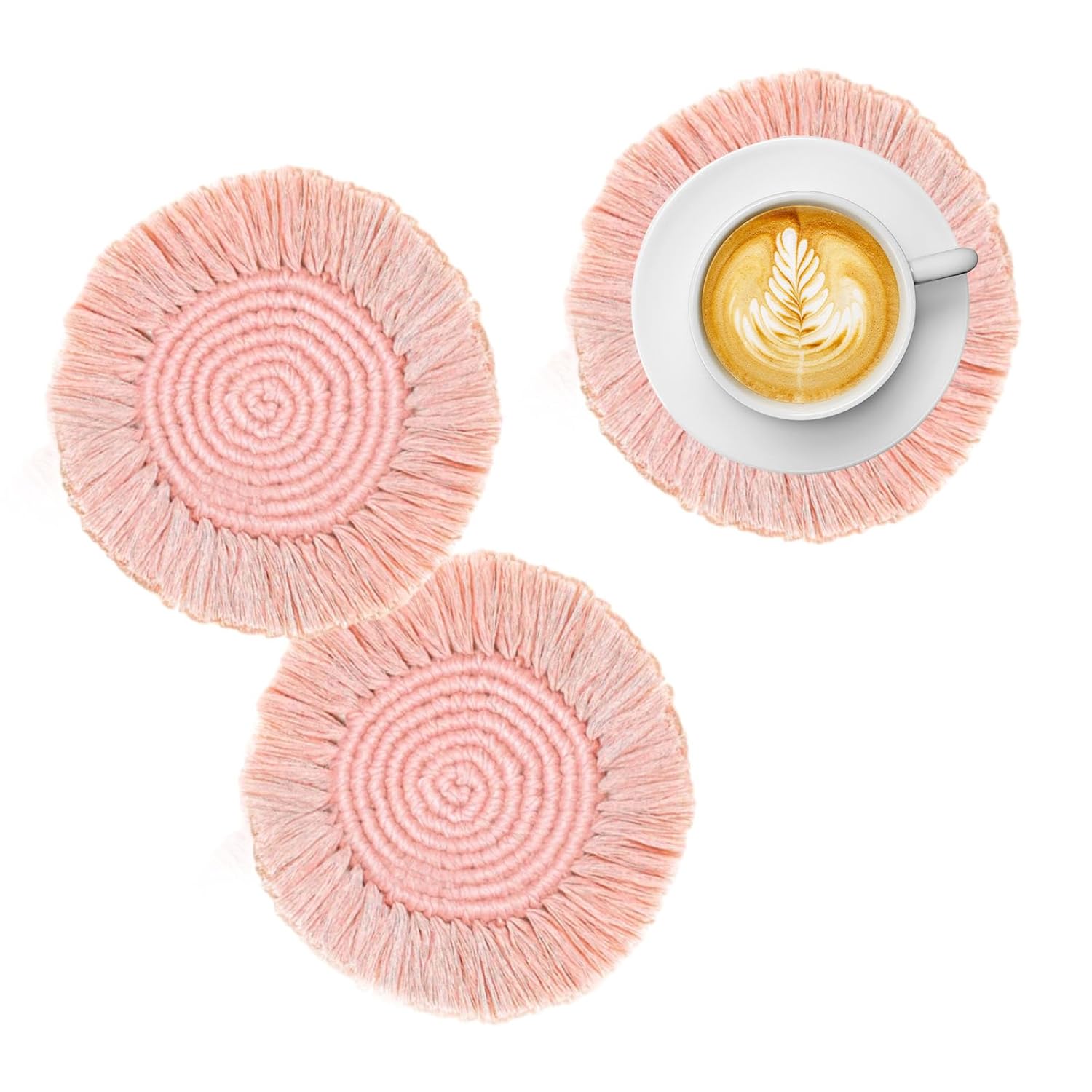 2 PCS Handmade Boho Coasters,100% Cotton Woven Macrame Absorbent Coasters for Drinks,Heat Resistant Office Cotton Coasters for Coffee Table,Desk Kitchen Dining Room Kitchen,Housewarming Gift (Pink)
